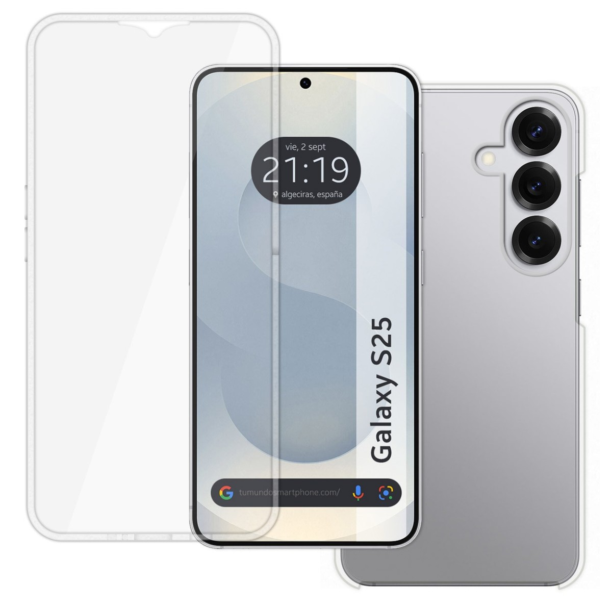 Telefono con protezione schermo e le parole Galaxy S25 sullo schermo.