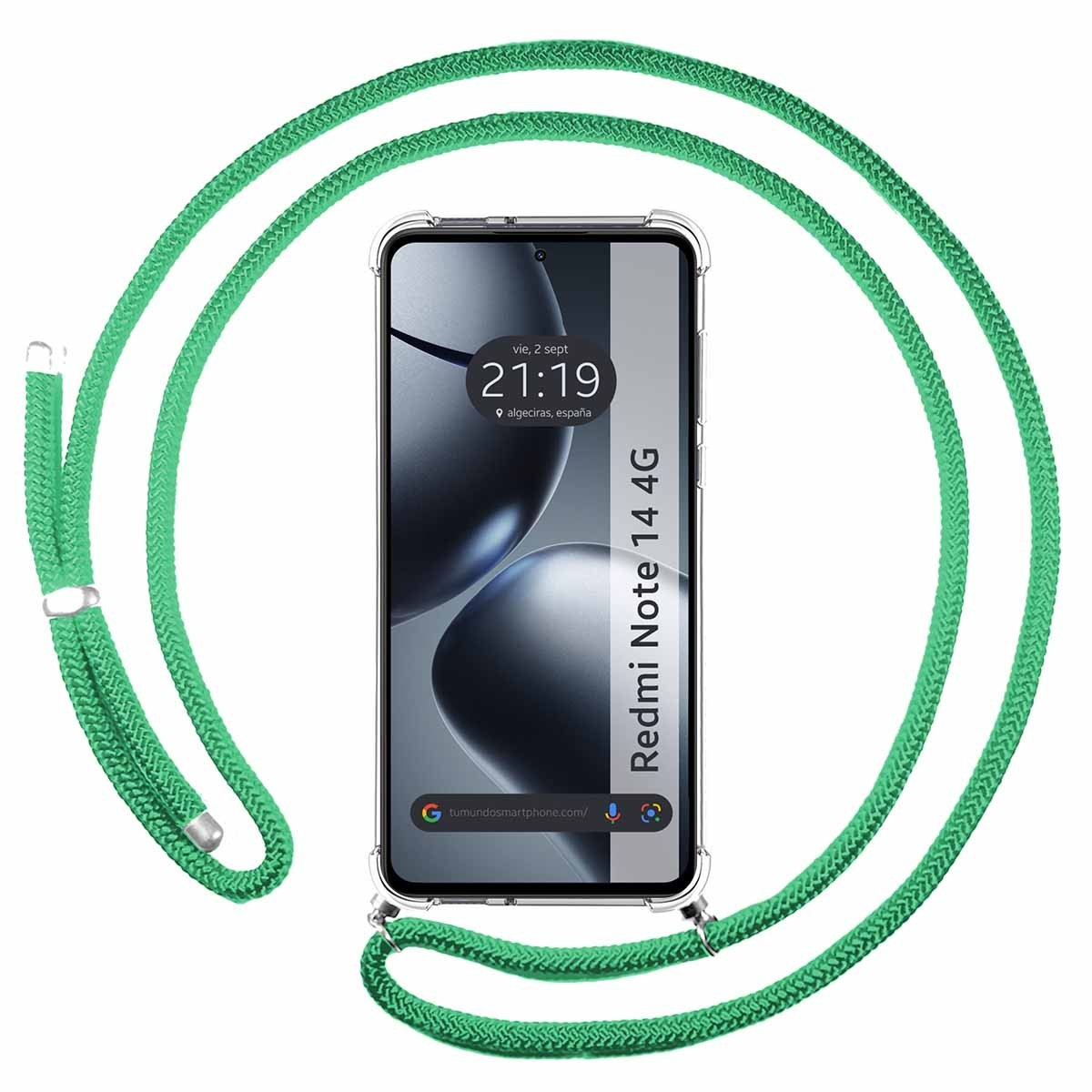 Telefono con cinturino verde, che mostra l'ora e un sito web.