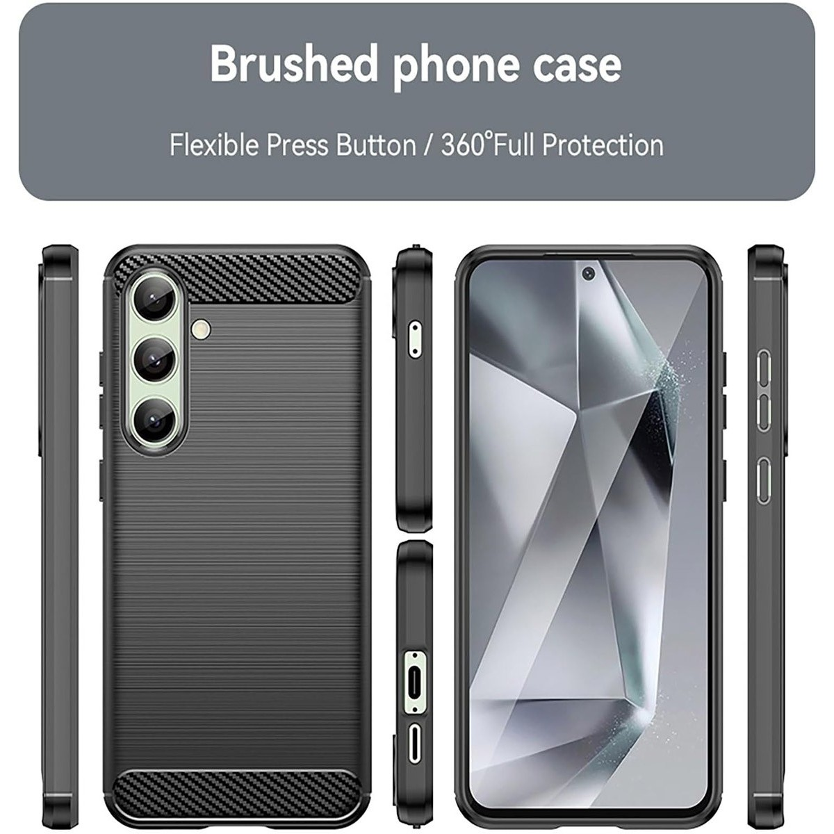 Custodia per telefono nera con un design strutturato. La custodia ha un aspetto spazzolato. Vengono mostrate più angolazioni della custodia.