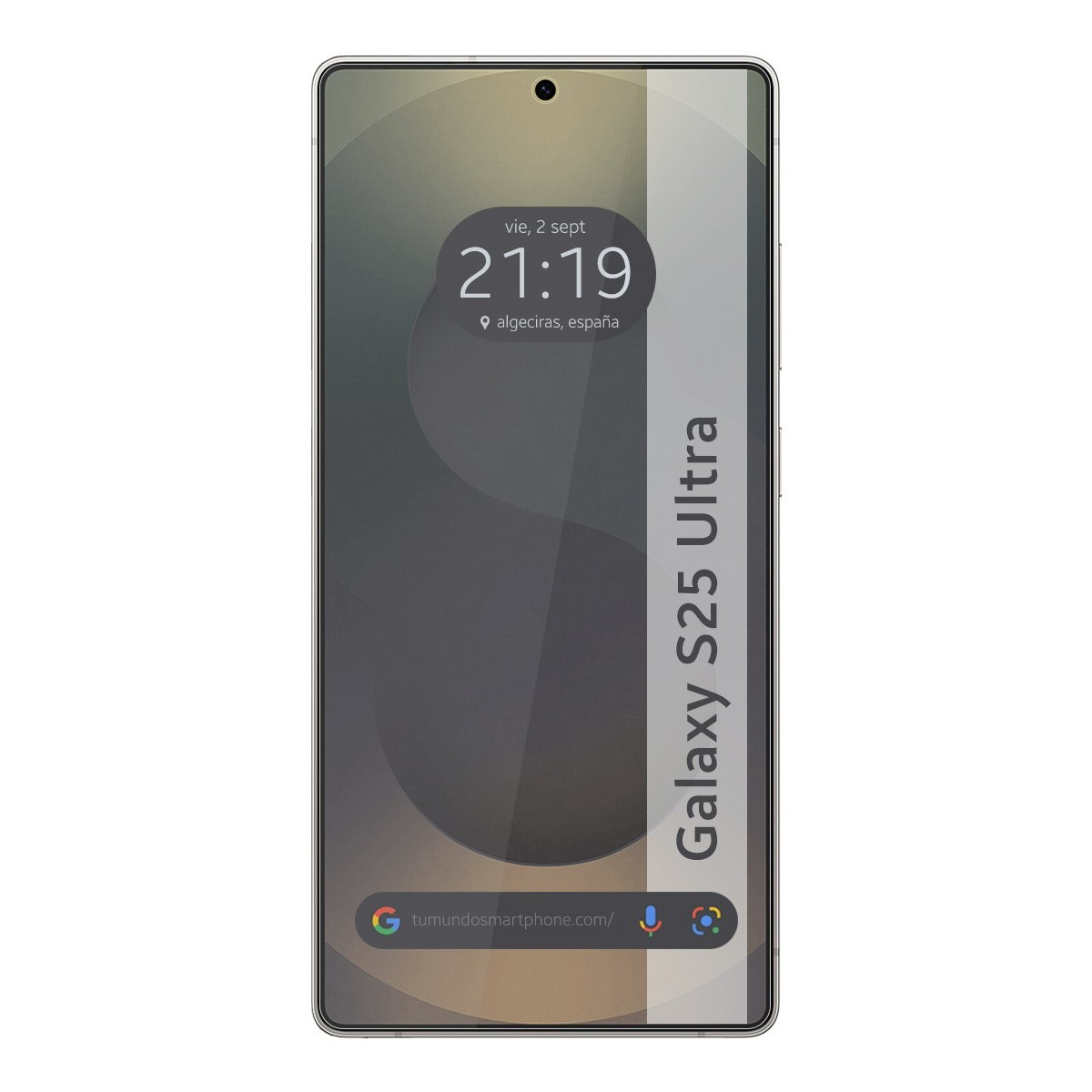Un teléfono inteligente con hora y ubicación mostradas. El teléfono tiene el texto “Galaxy S25 Ultra”.
