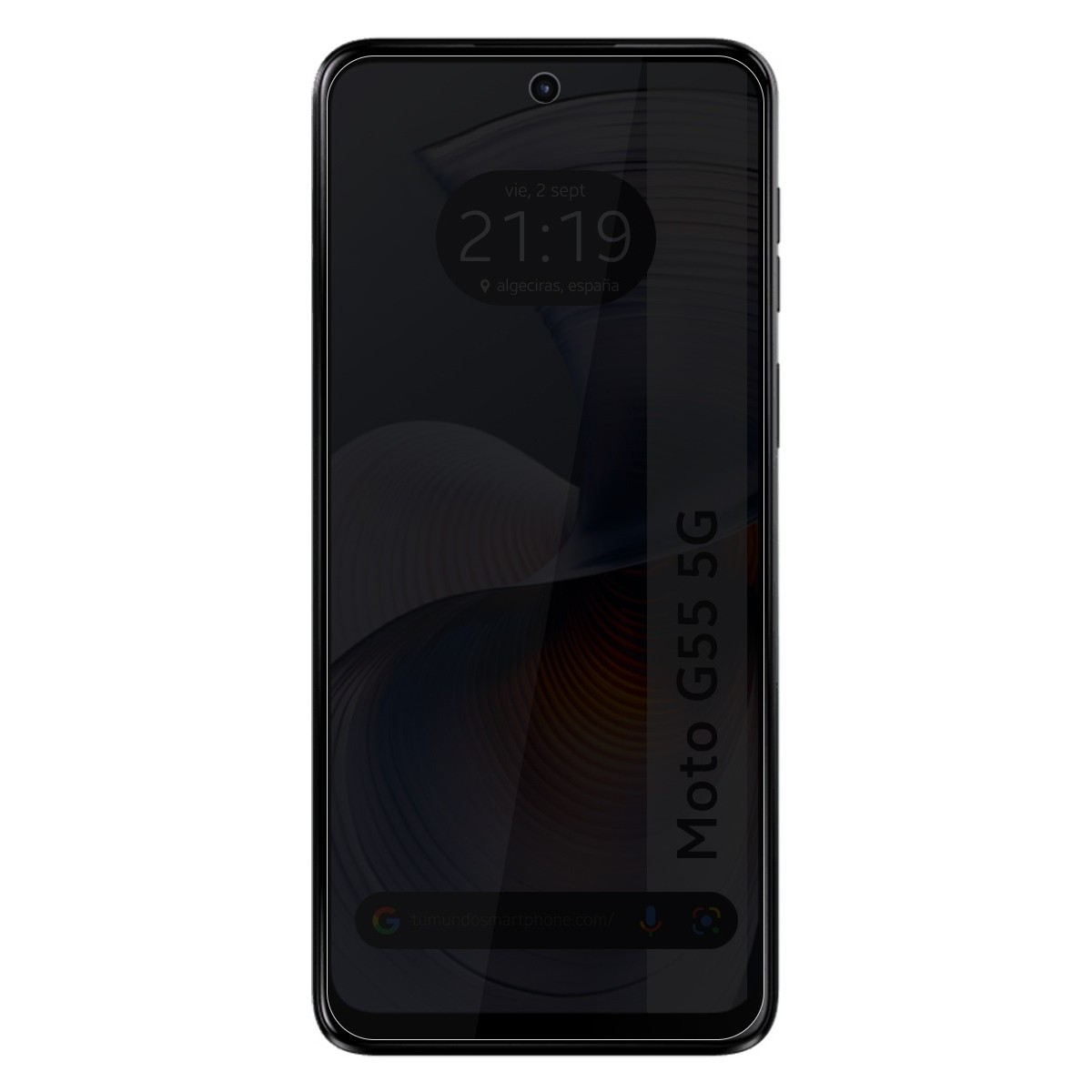 Uno smartphone con schermo nero che mostra l'ora e la località Algeciras, Spagna.