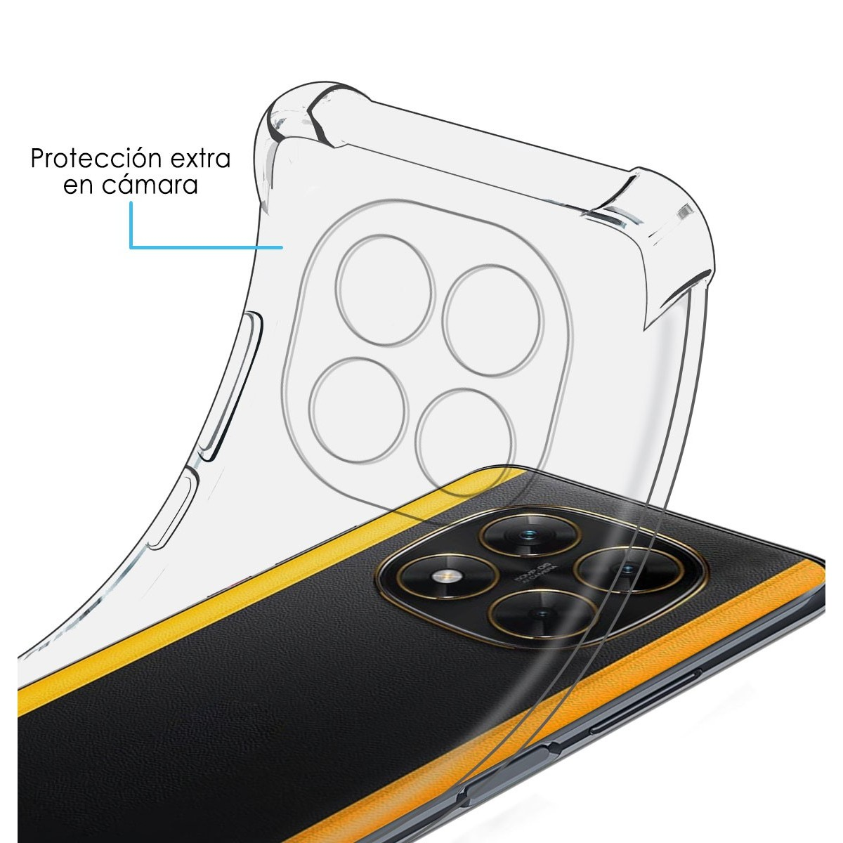 Primo piano di una custodia trasparente per telefono. Testo: Protección extra en cámara. Fotocamera visibile.