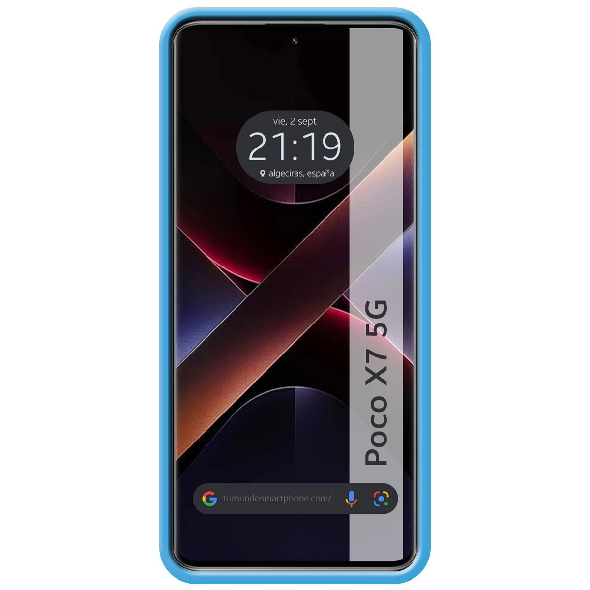 Smartphone in custodia blu, che mostra ora e città, con testo 'Poco X7 5G'.