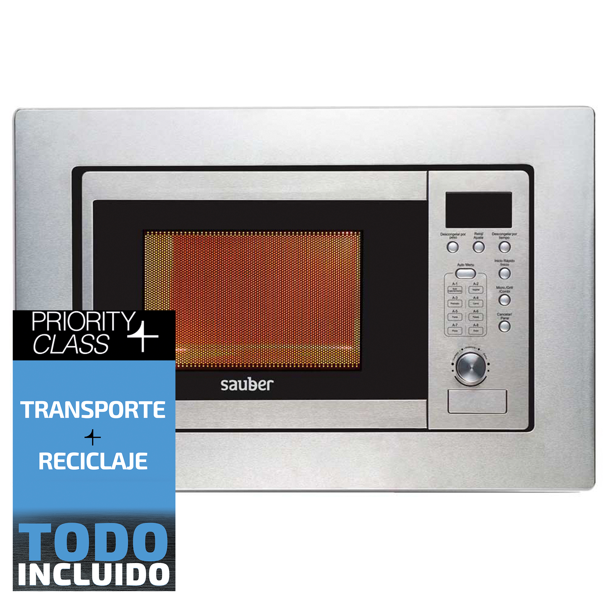 Microondas plateado con pantalla digital y panel de control. Interior negro. Texto: 'PRIORITY CLASS'.