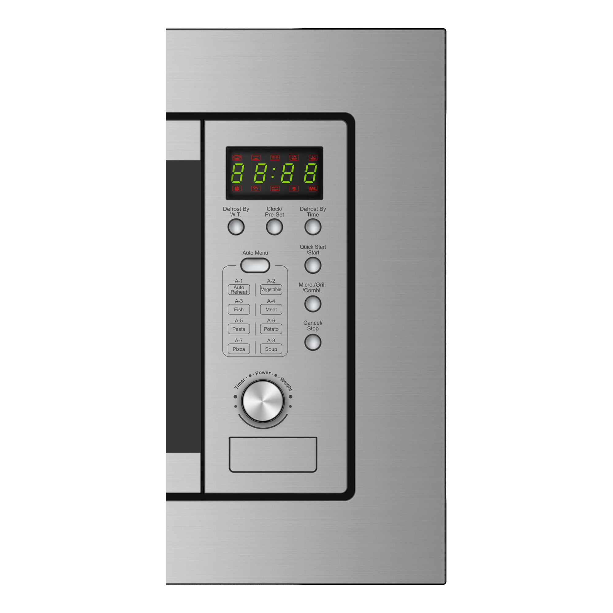 Horno microondas con reloj digital y botones.