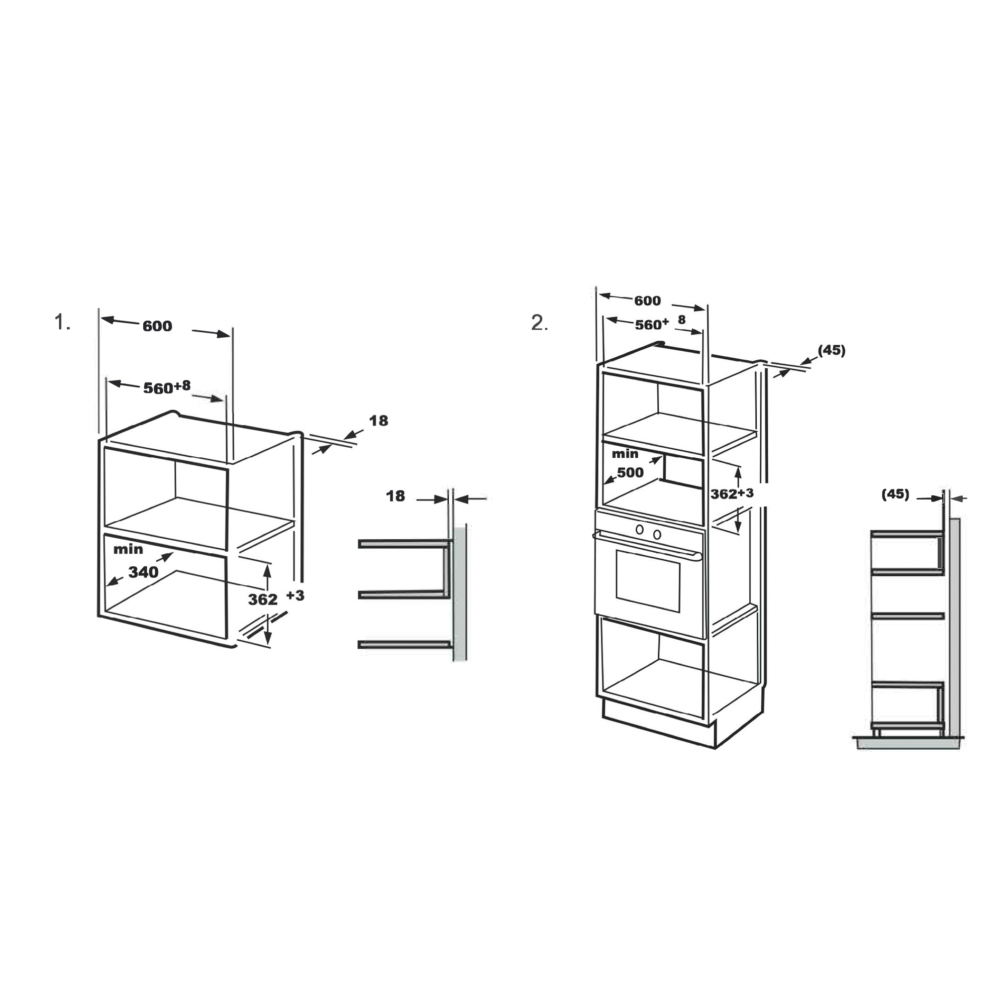 Diagrama de un armario de cocina y horno con dimensiones.