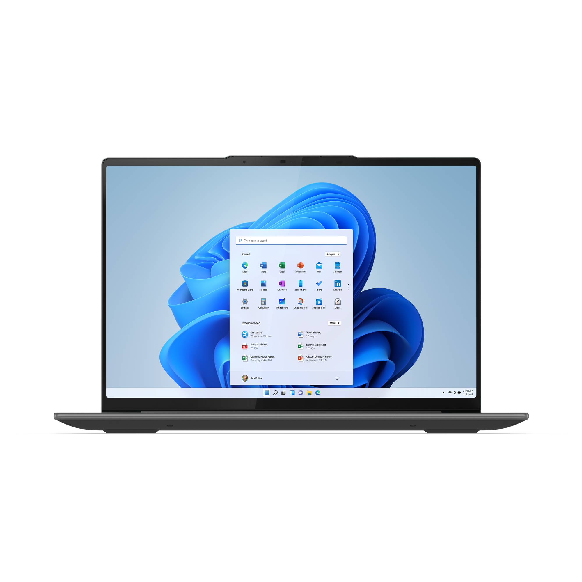 Laptop with open screen displaying a Windows interface with several app icons.