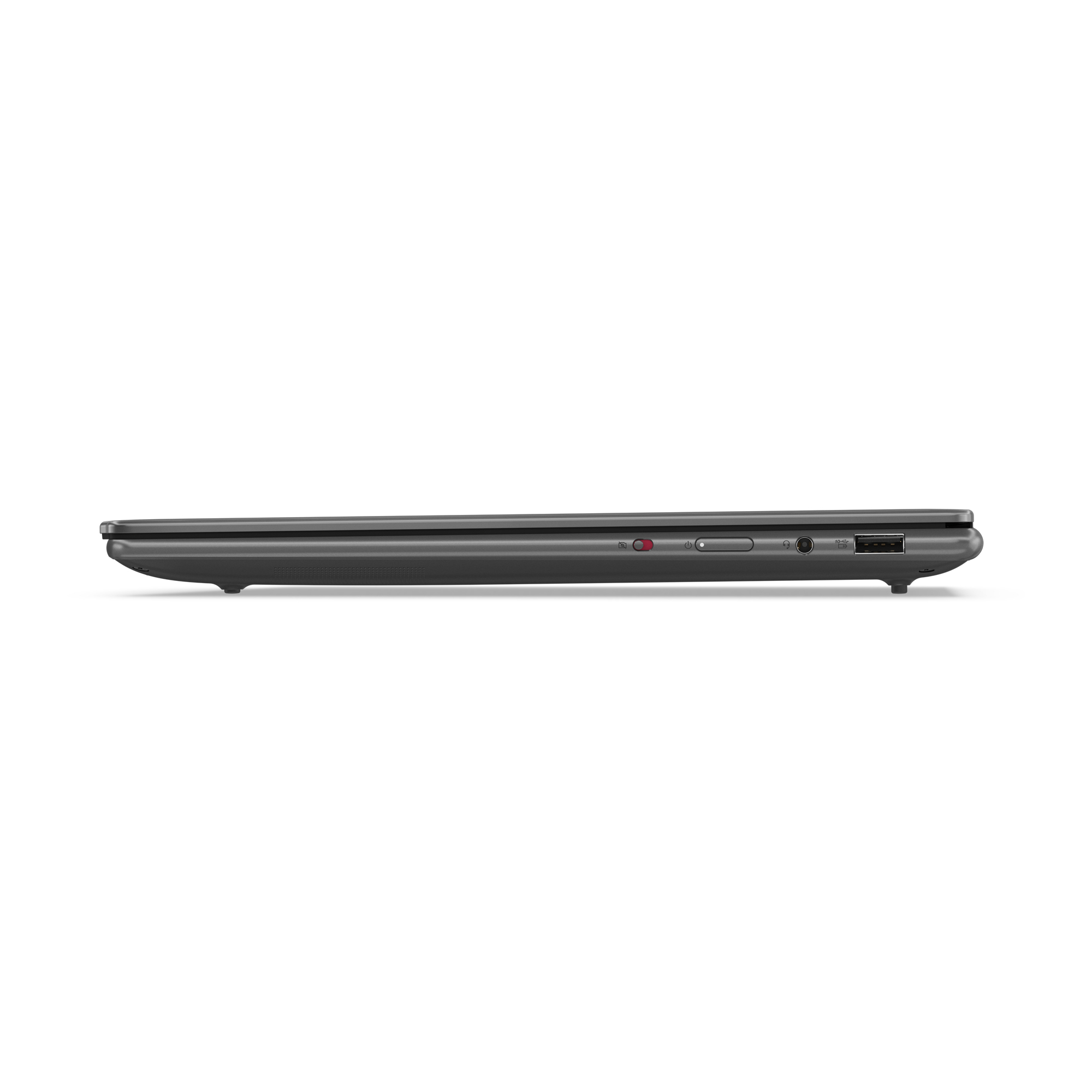 Side view of a dark gray Lenovo laptop with ports and logos visible.