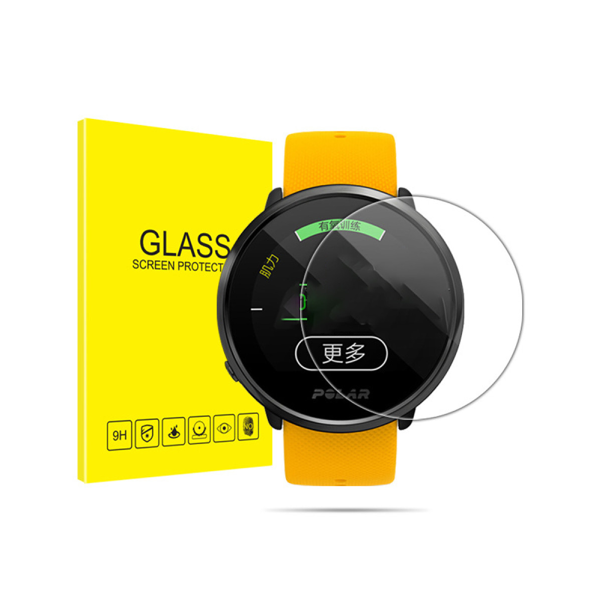 Smartwatch z żółtym paskiem i pudełkiem na osłonę ekranu na białym tle.