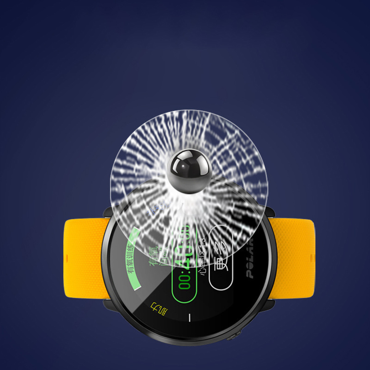 Smartwatch z żółtym paskiem, czarną tarczą i efektem potłuczonego szkła.