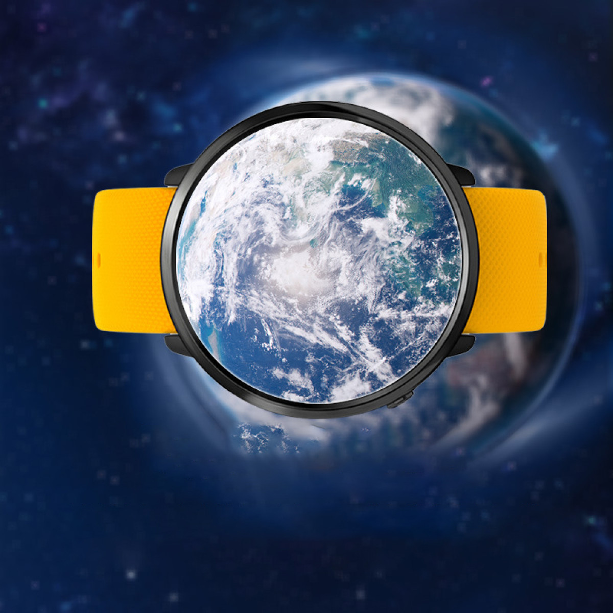 Smartwatch z żółtym paskiem wyświetlający obraz Ziemi na ciemnoniebieskim tle.