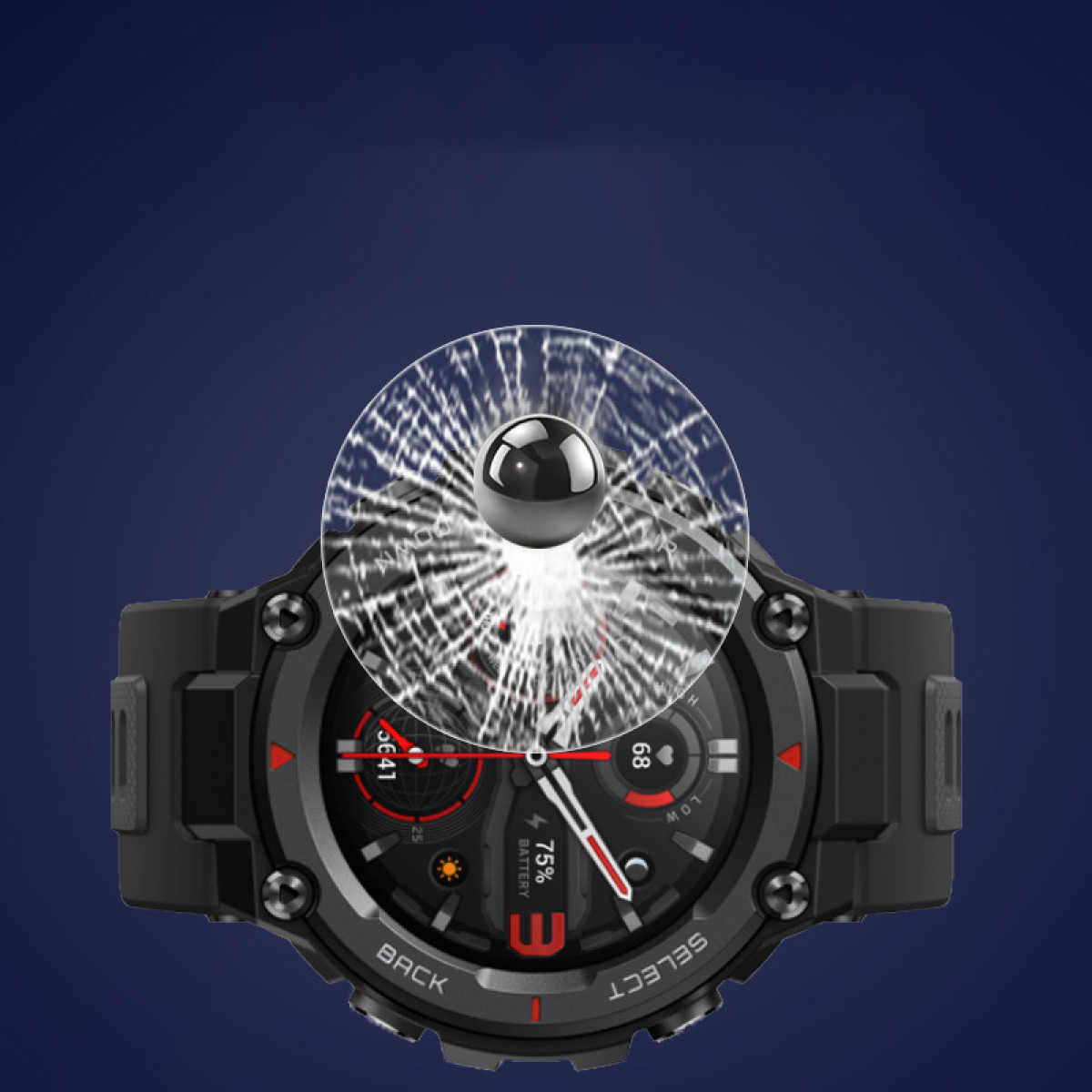 Smartwatch nero con grafica a cerchio trasparente su sfondo blu.
