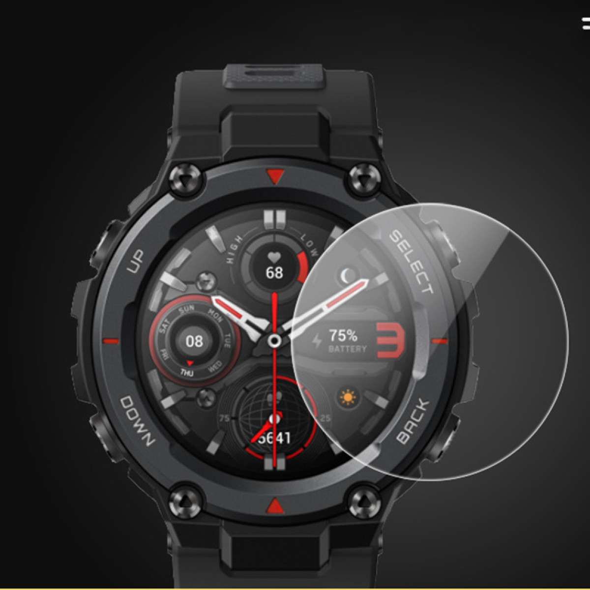 Smartwatch che mostra ora, batteria e metriche di salute. Pellicola protettiva.