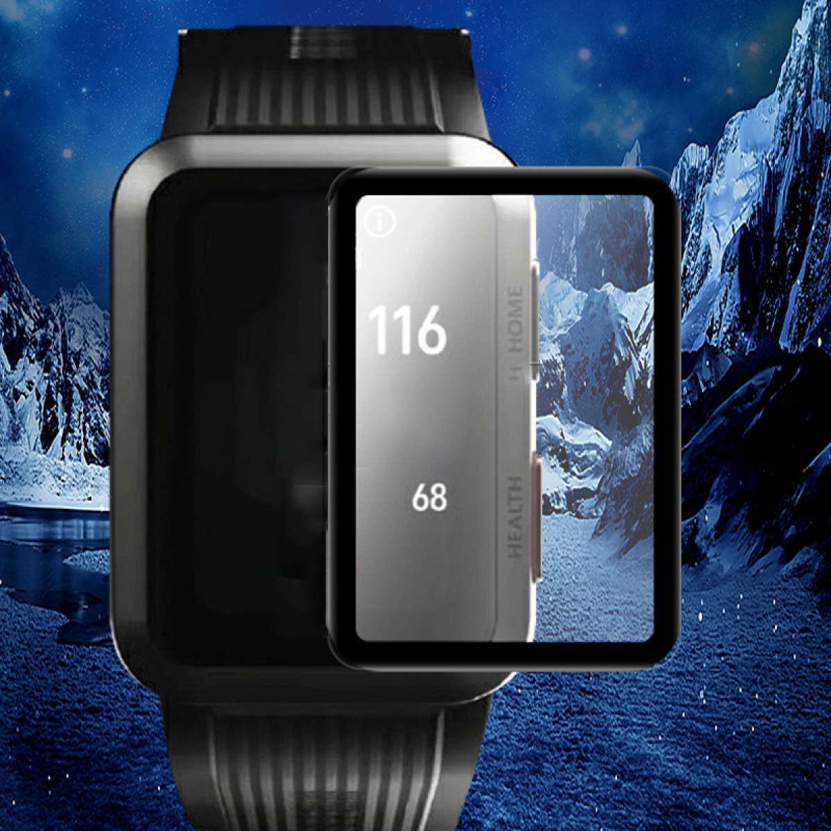 Uno smartwatch mostra dati sanitari. Lo schermo mostra 116 e 68, con uno sfondo di montagne innevate, contro un cielo stellato.