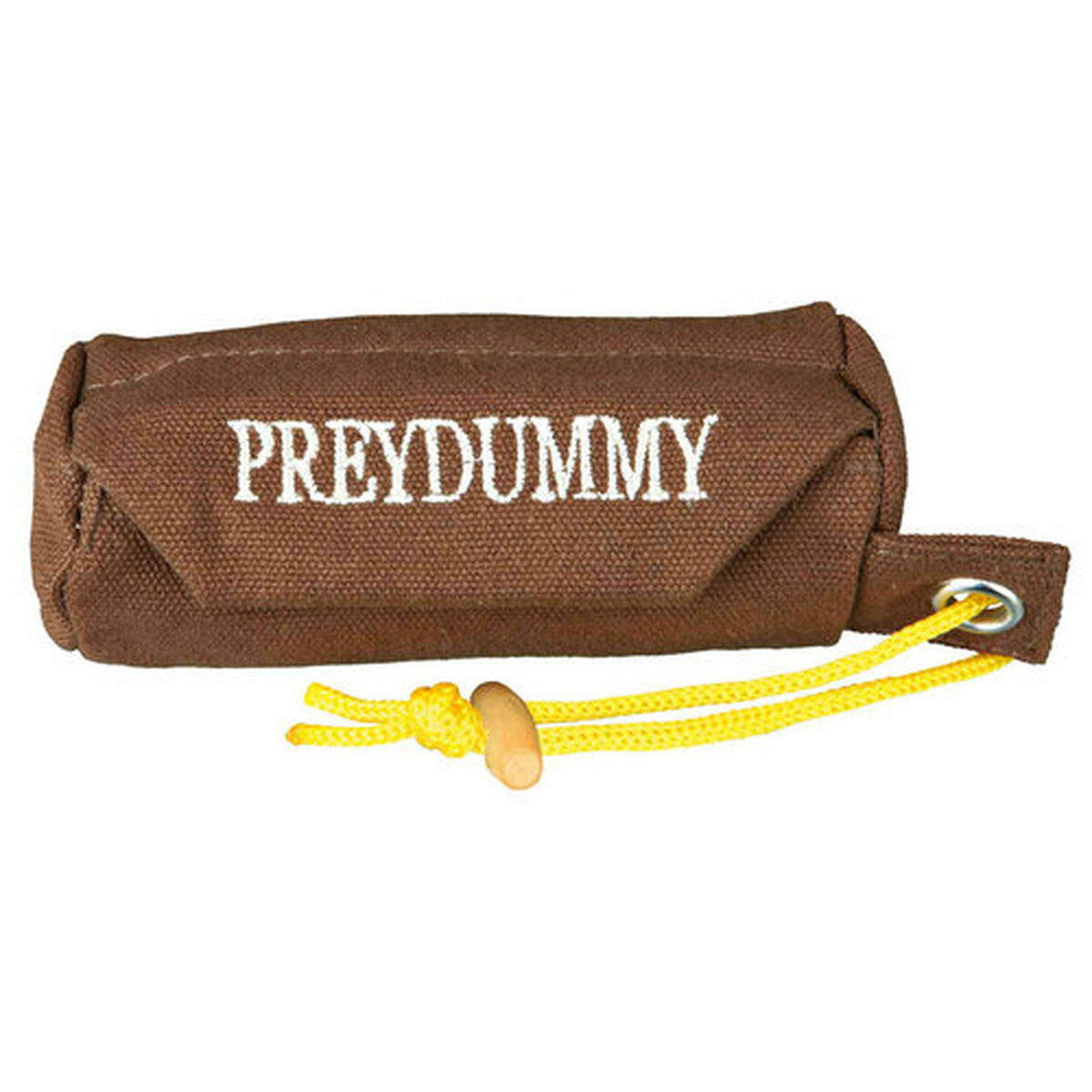 Brown training dummy with white 'PREYDUMMY' text. Yellow rope with wooden bead.