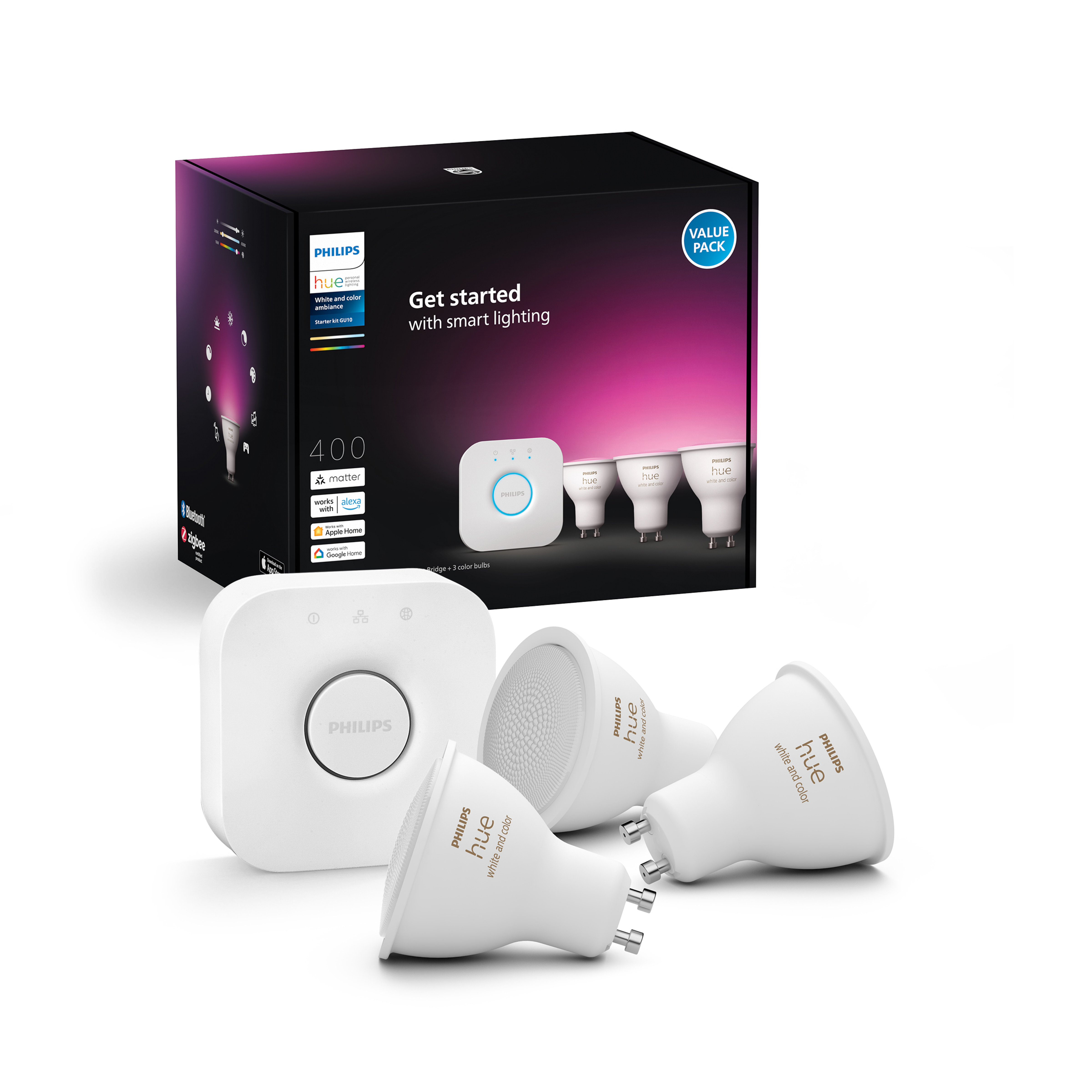 PHILIPS HUE WCA 4.2W GU10 3'lü Başlangıç Seti Renkli Spot Bluetooth Akıllı Ampul
