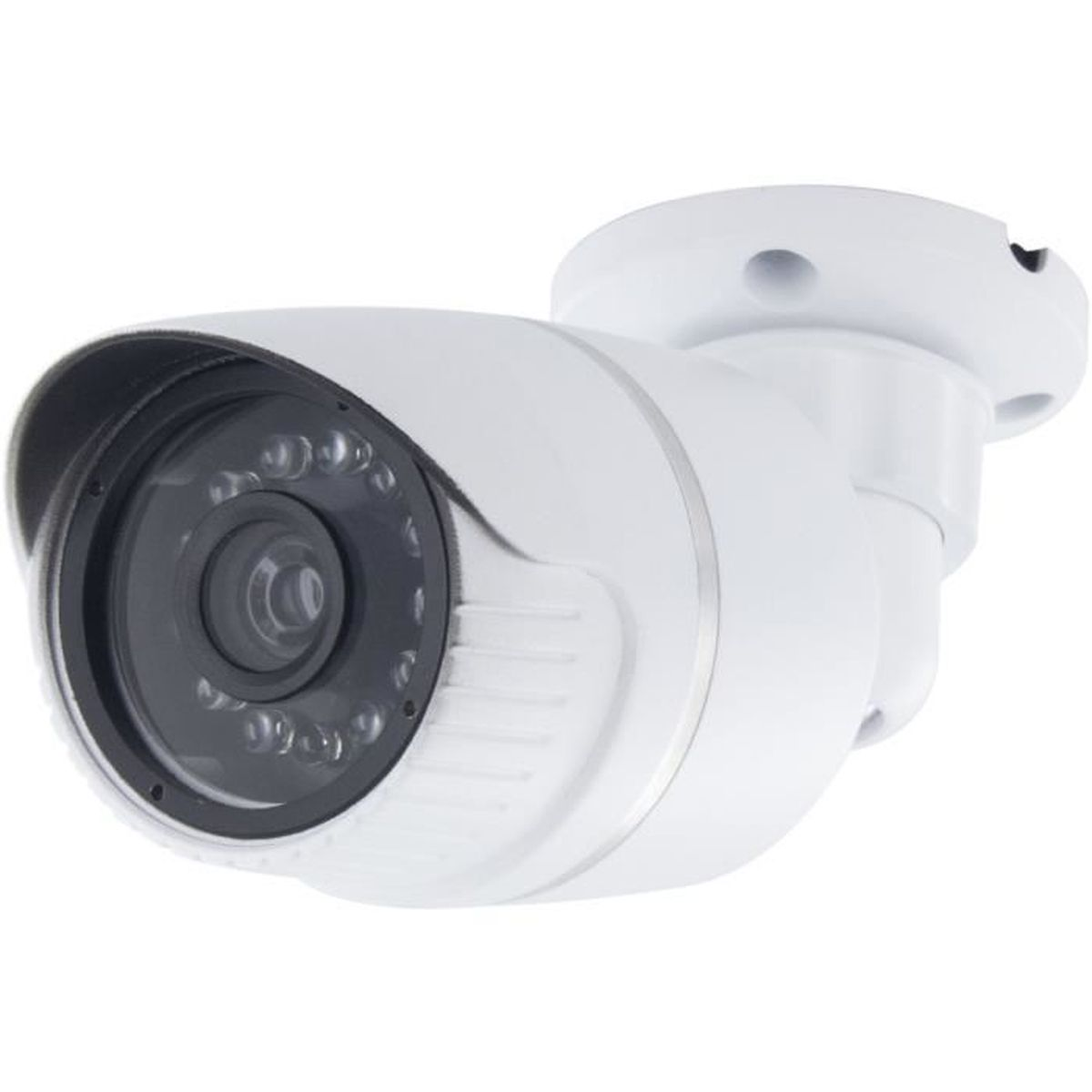 Telecamera di sicurezza bianca, design cilindrico con lente scura. Montata su una superficie bianca.