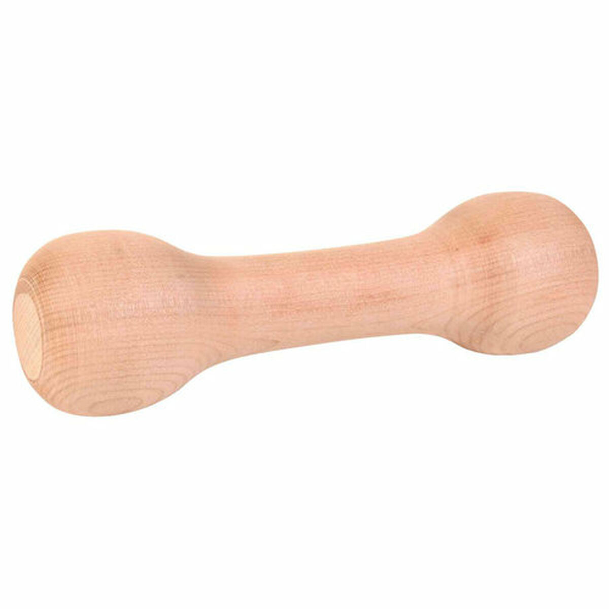 Een houten halter, lichtbruin van kleur, ligt horizontaal op een wit oppervlak.