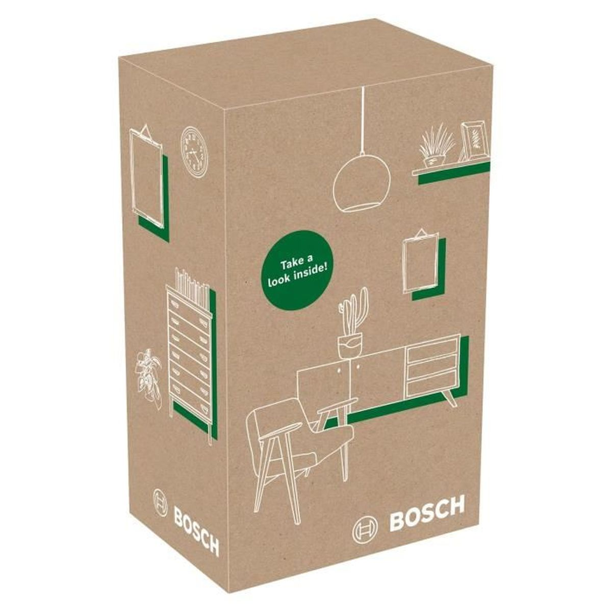 Karton mit Zeichnungen von Möbeln und dem Bosch-Logo. Text sagt: 'Schau mal rein!'