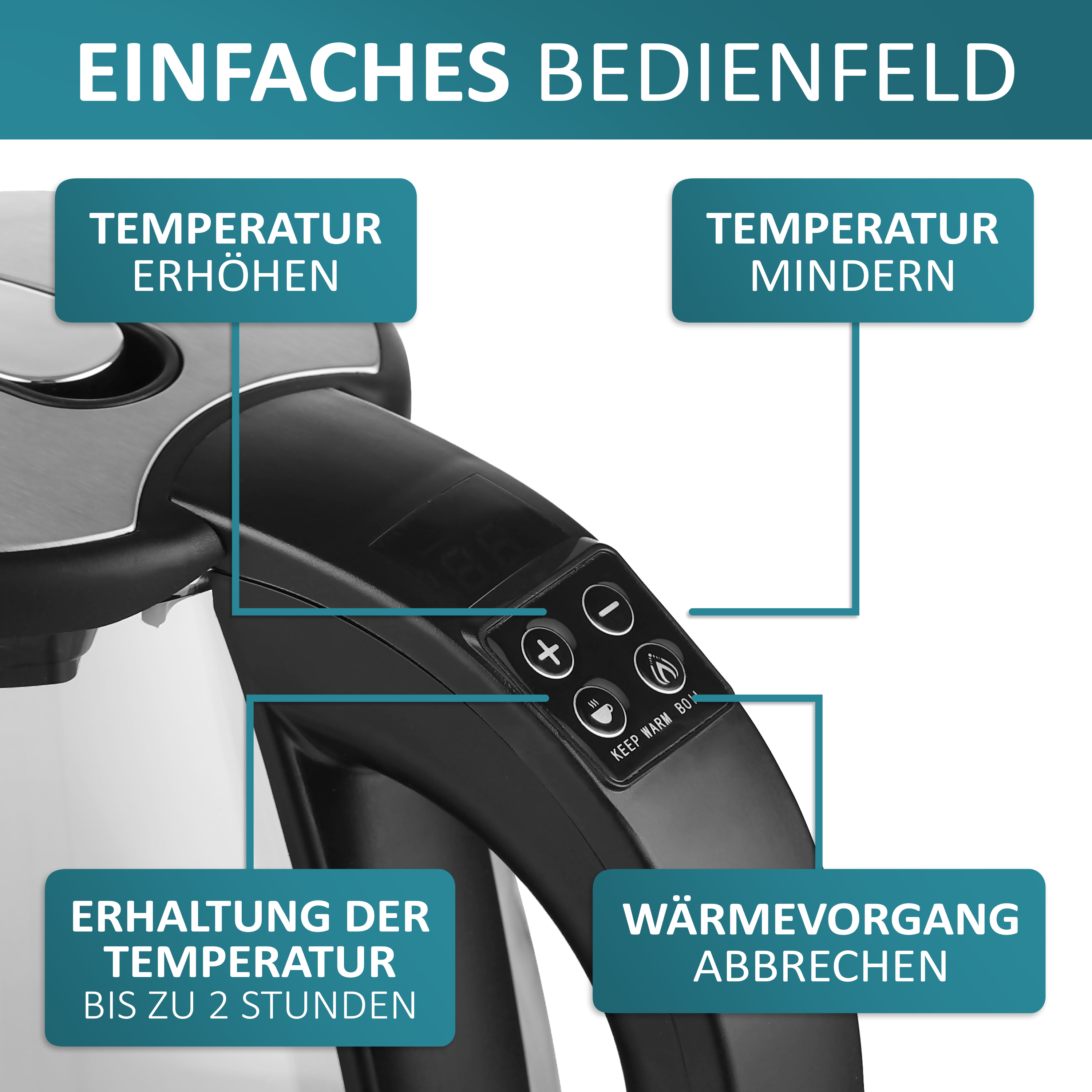 Primo piano del pannello di controllo di un bollitore elettrico nero con pulsanti di temperatura e funzione.