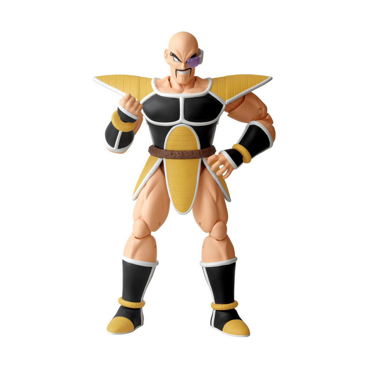 Personaje de Dragon Ball Z, Nappa, calvo, con armadura, guantes y un rastreador.