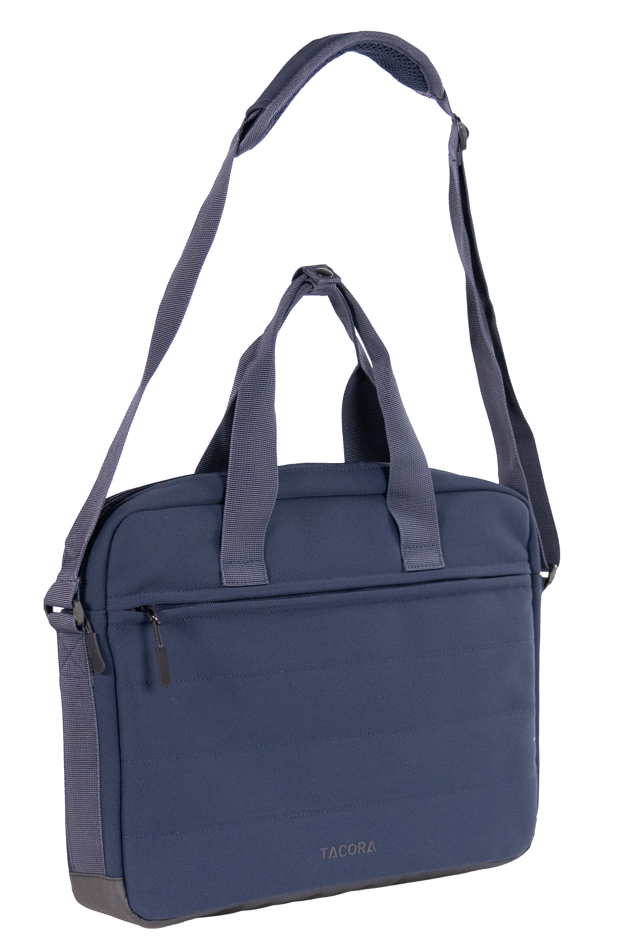 Bolso mensajero azul con correa para el hombro, aislado sobre fondo negro.