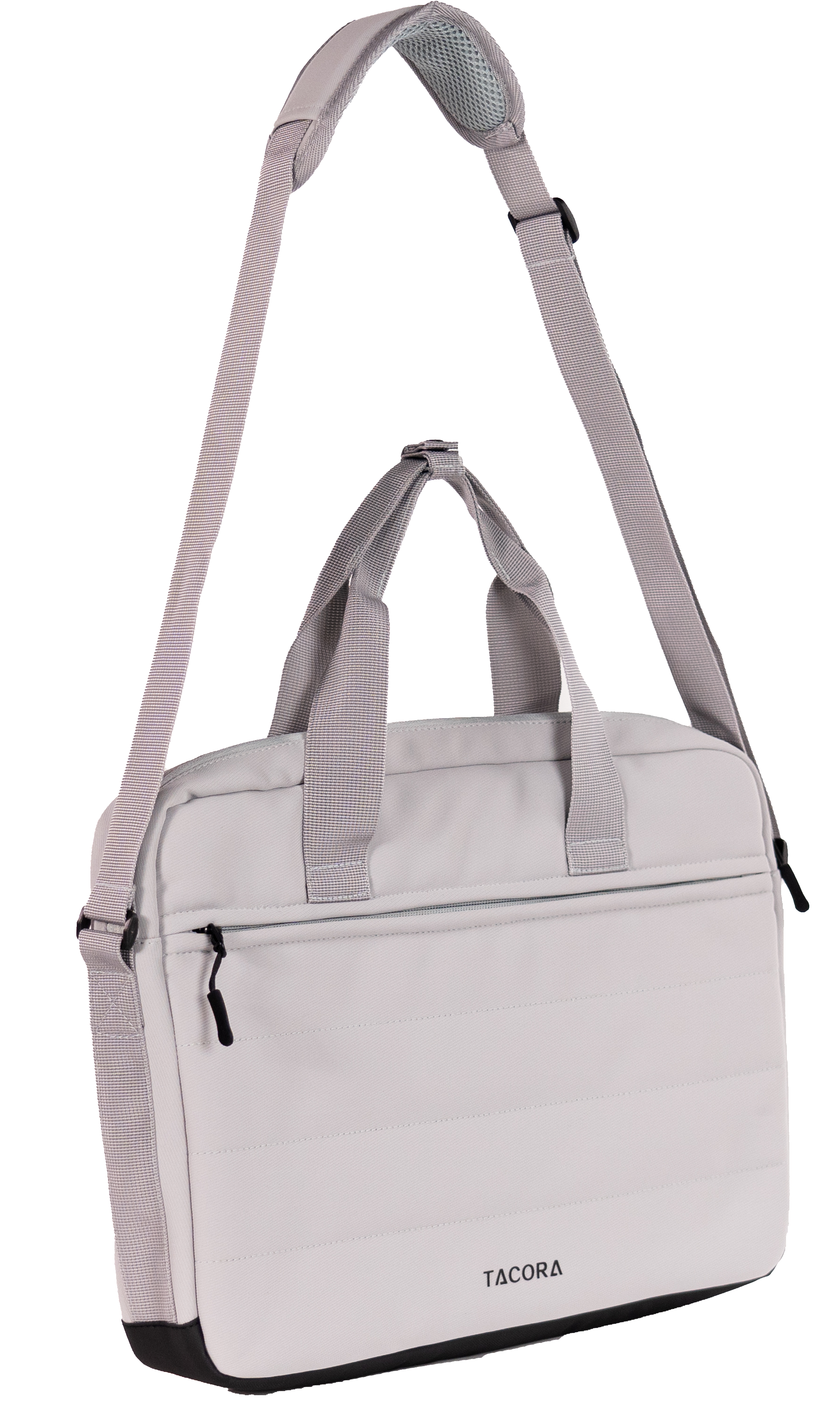 Bolso bandolera gris claro. Tiene asas y bandolera. La marca 'Tacora' está impresa en el frente.