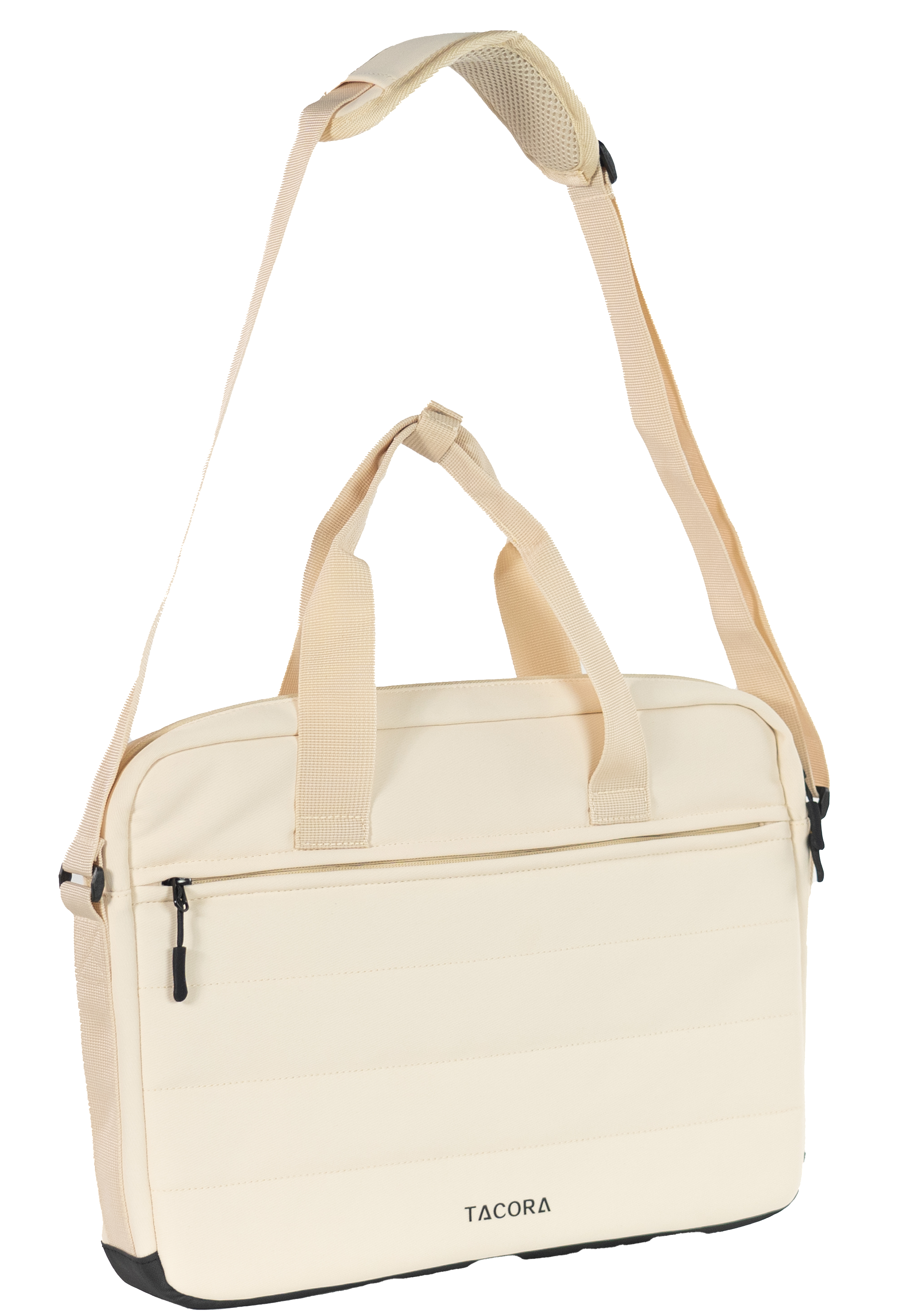 Bolso para portátil beige con asa y bandolera, aislado sobre fondo negro.