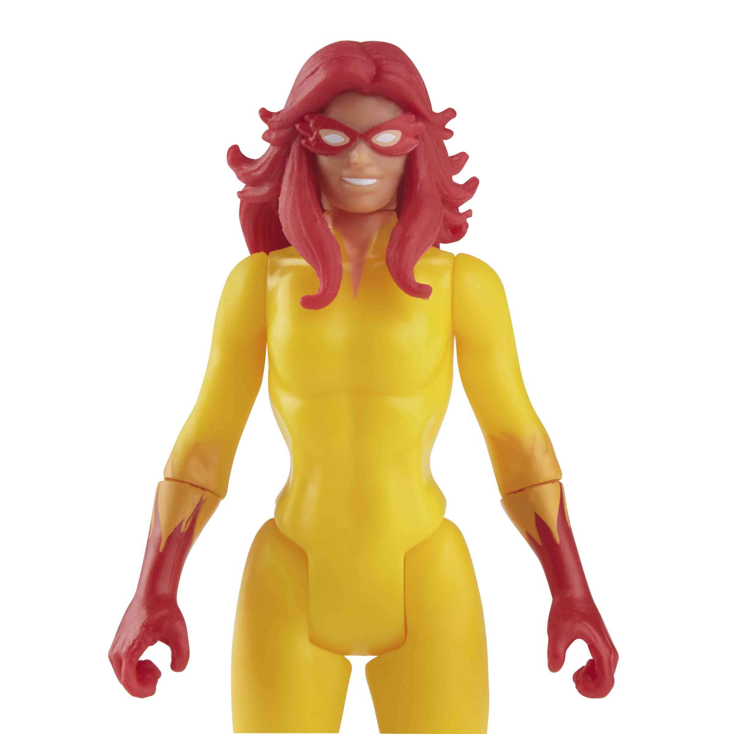 Figura de acción amarilla de una superheroína con pelo y máscara rojos, guantes rojos.