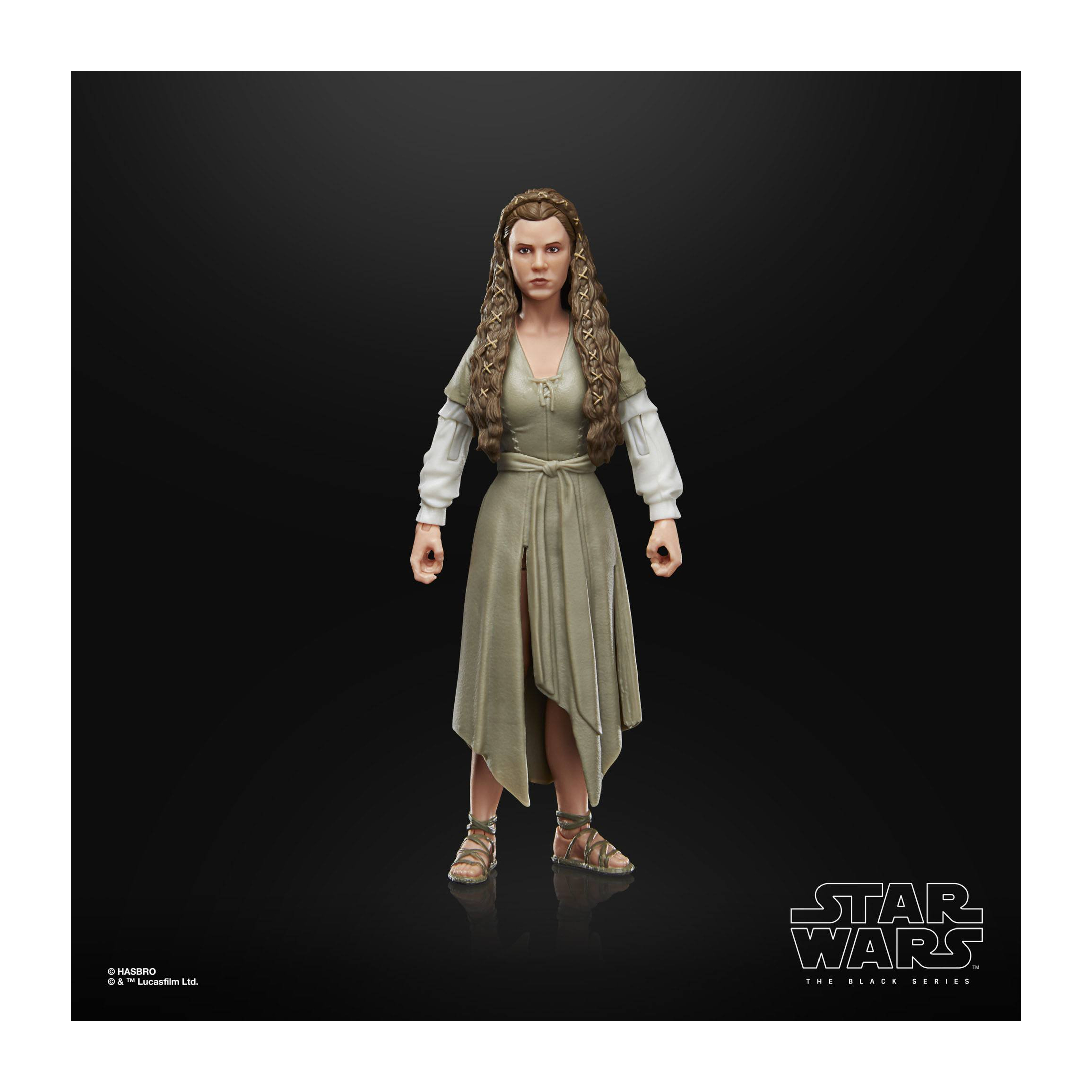 Figurka z filmu Gwiezdne Wojny. Kobieta w długiej, jasnozielonej sukni, długich włosach i sandałach.