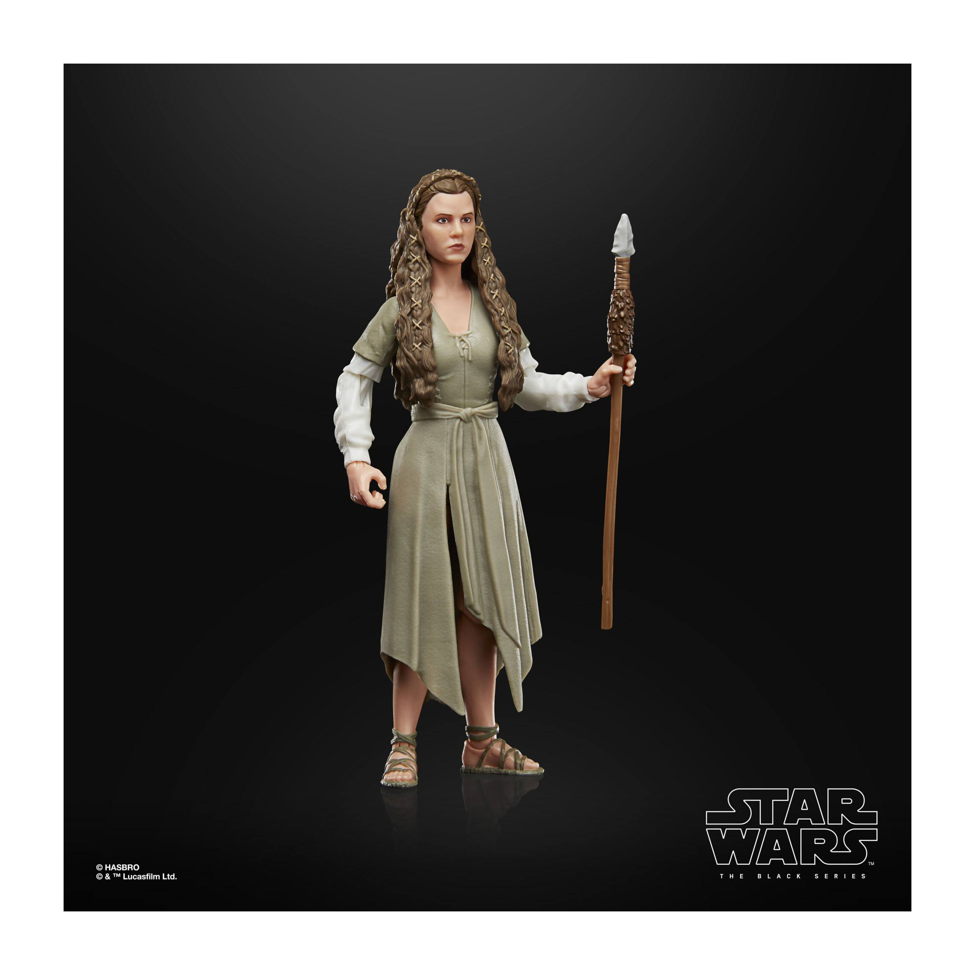 Figurka Star Wars przedstawiająca kobietę w jasnozielonej sukience trzymającą laskę. Czarne tło.