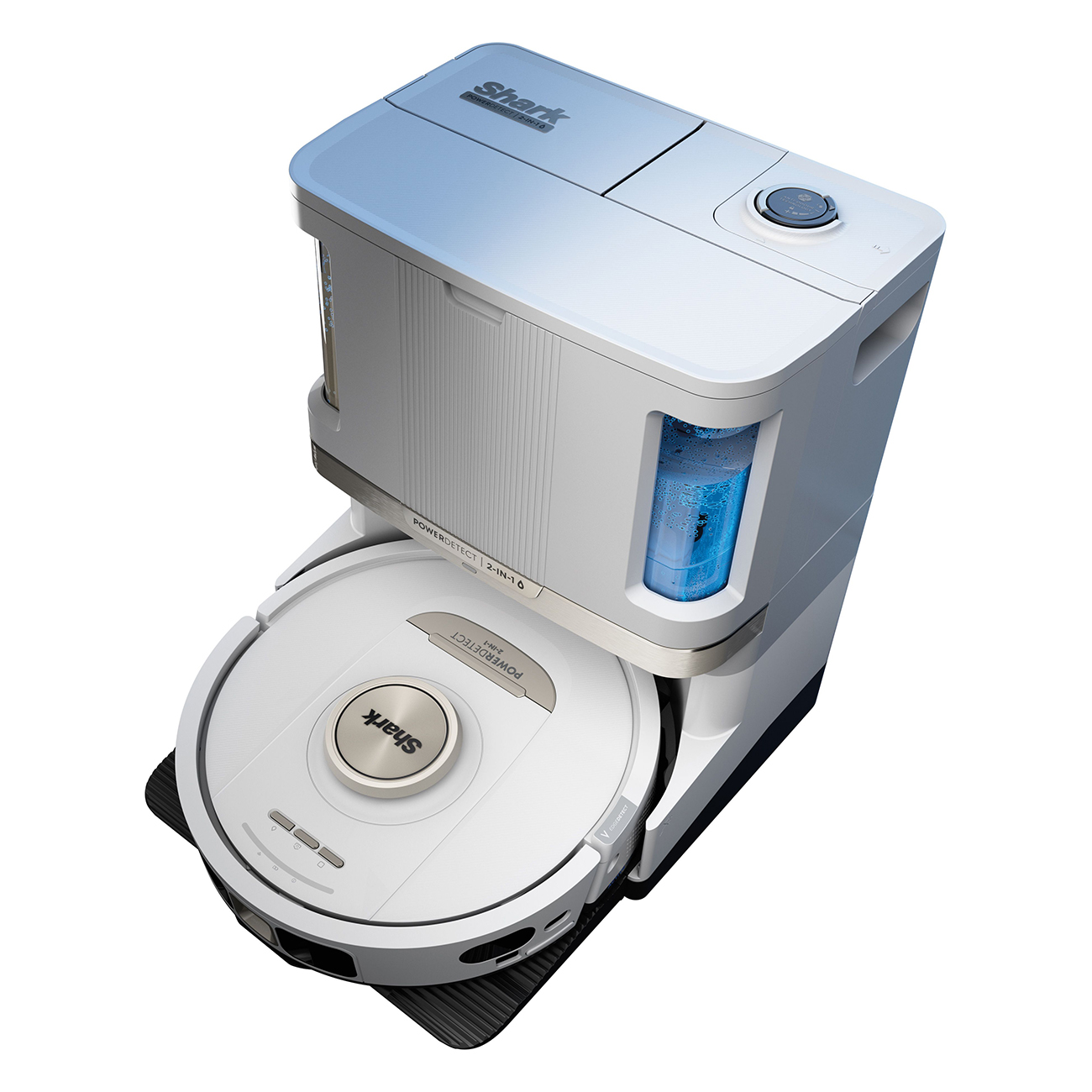 A white and grey robot vacuum cleaner on a black charging base, top view.