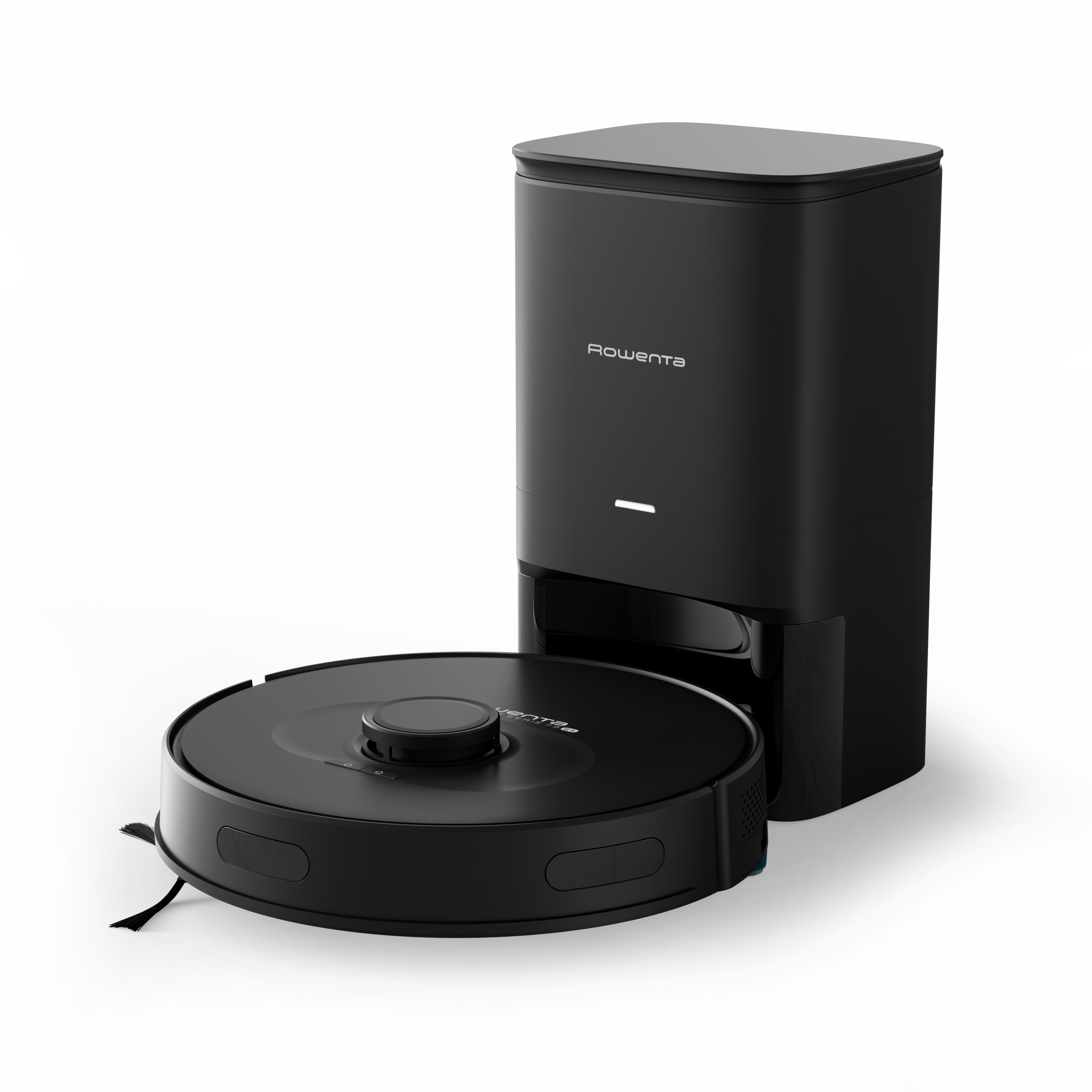 Czarny odkurzacz robot z stacją ładującą, białe tło.