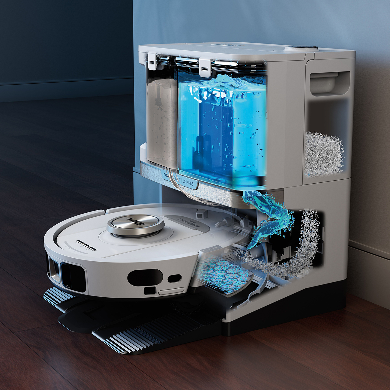 Robot vacuum and its cleaning and charging station. Cutaway view showing water and debris.