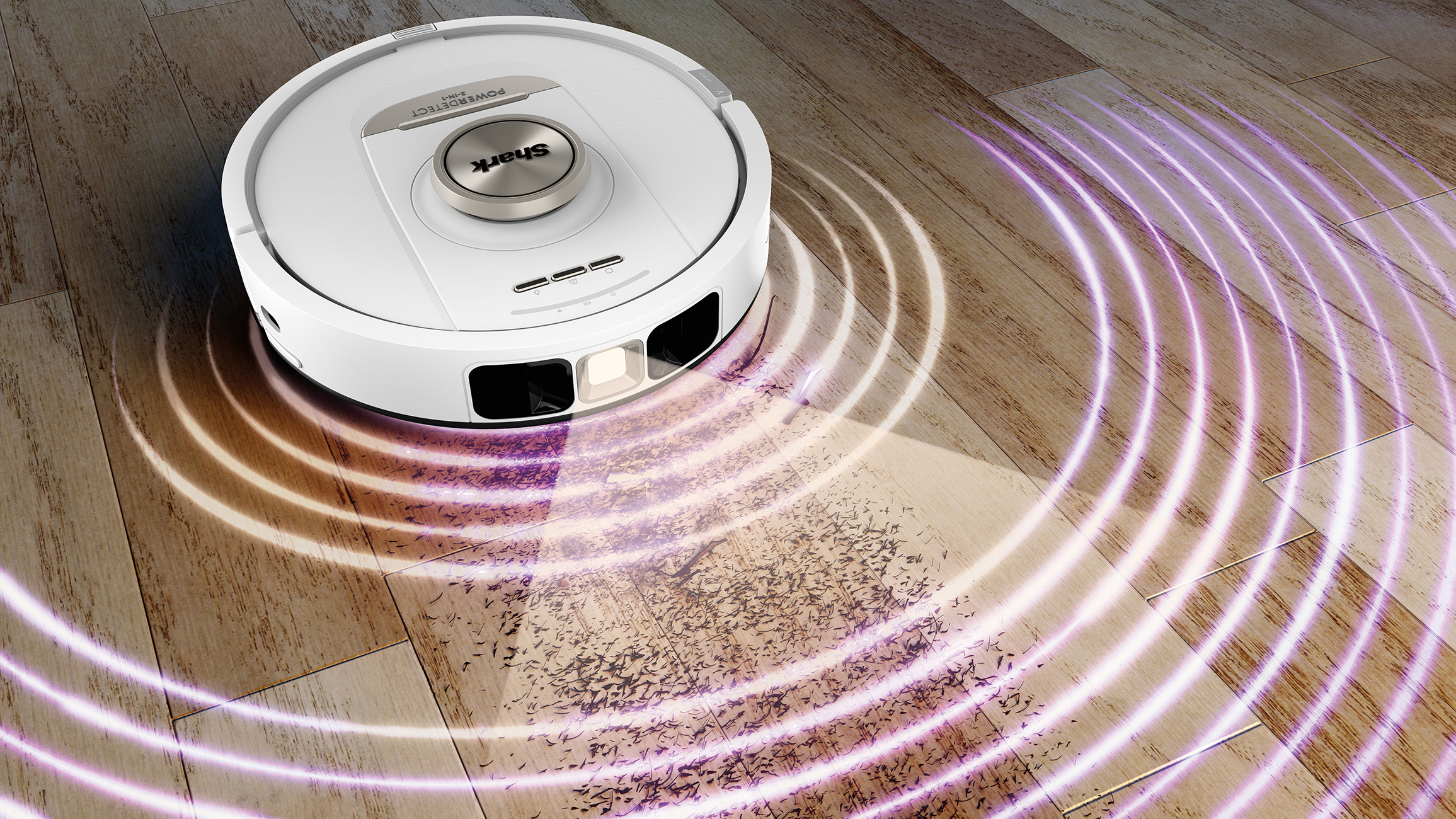 White and gray robot vacuum cleaner cleaning a wooden floor, with circular waves.