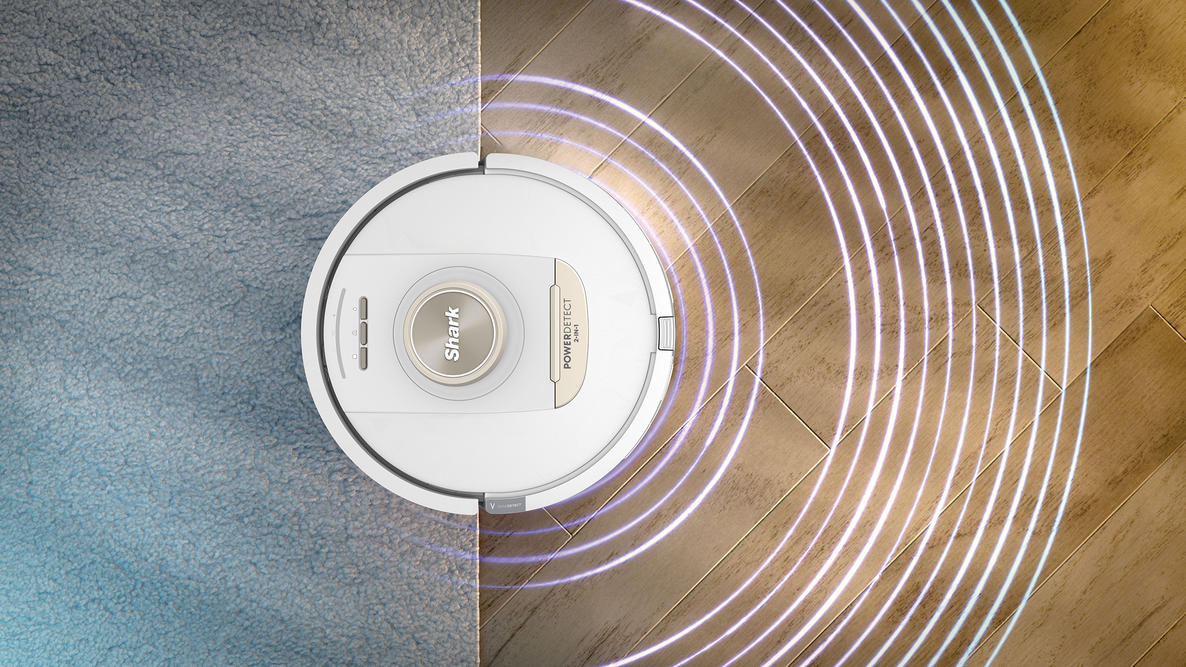 Robot vacuum cleaner on carpet and wood floor, with cleaning path illustration.