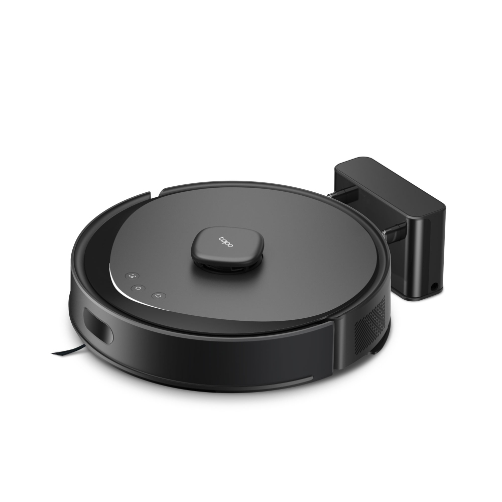 Aspirateur robot noir et sa station de charge sur fond blanc.