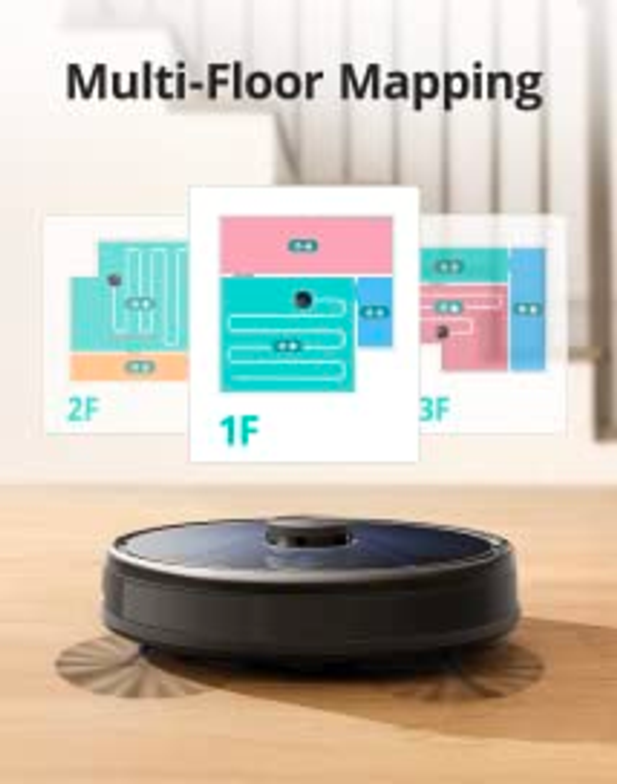 Un aspirapolvere robot, viene mostrata la mappatura del pavimento, con 3 planimetrie diverse.