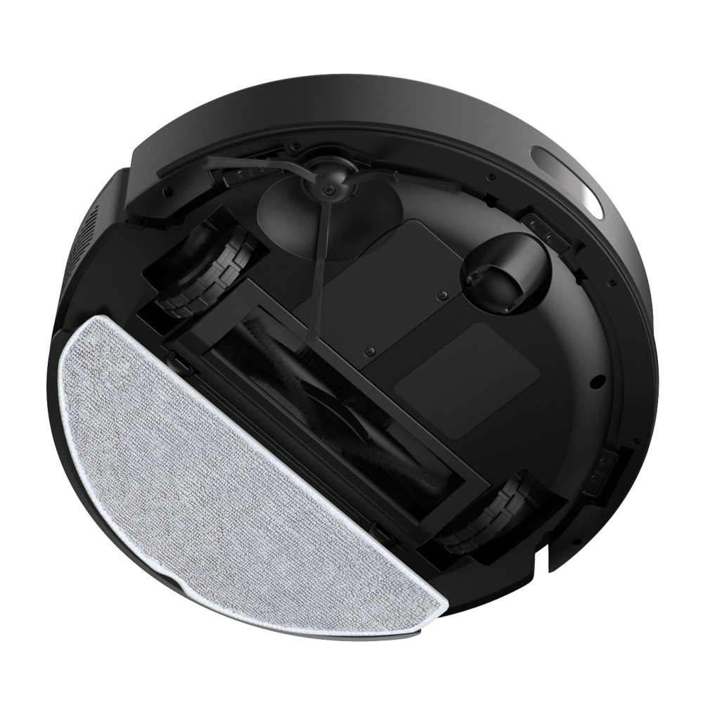 Vue de dessous d'un aspirateur robotique noir.