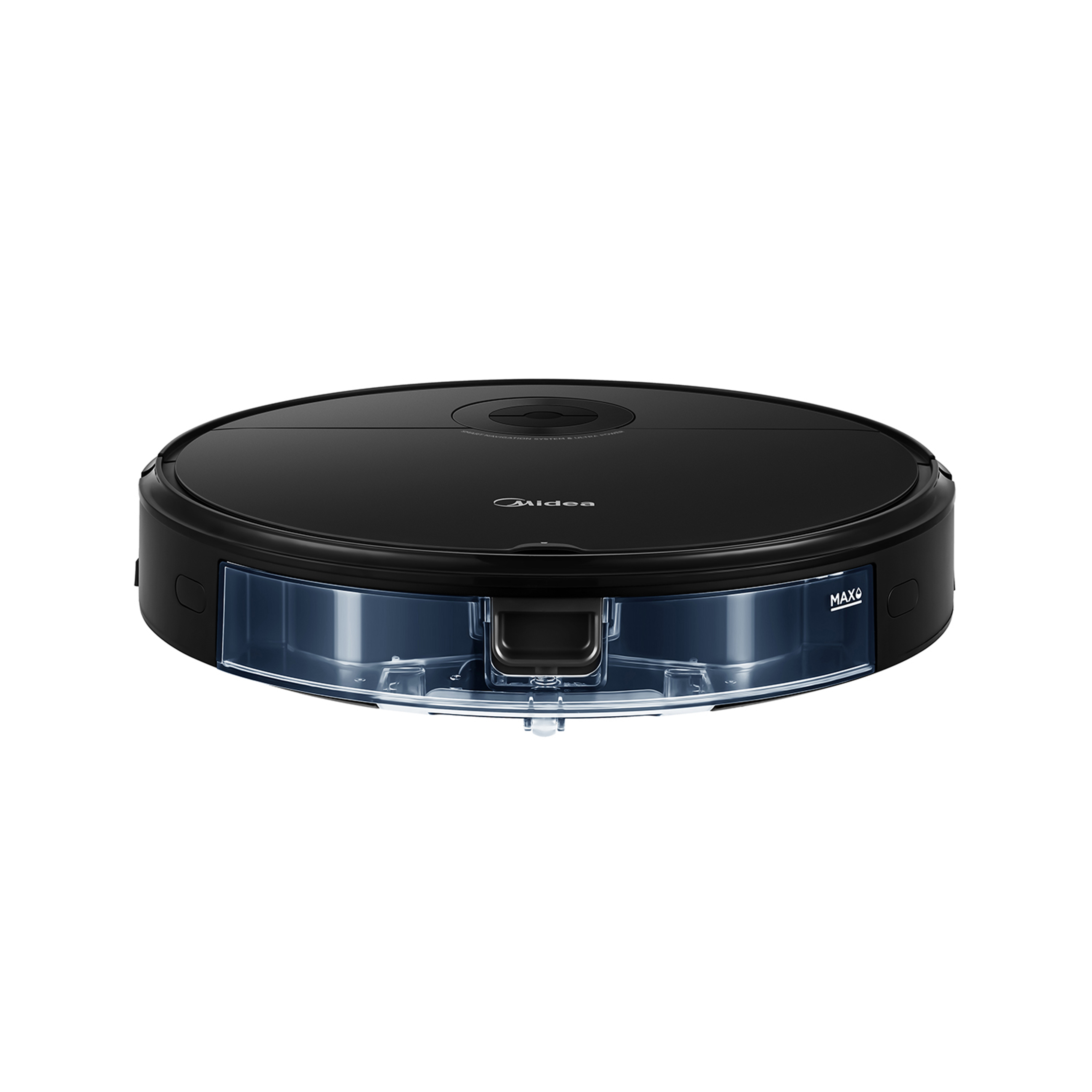 Aspirateur robot rond noir.