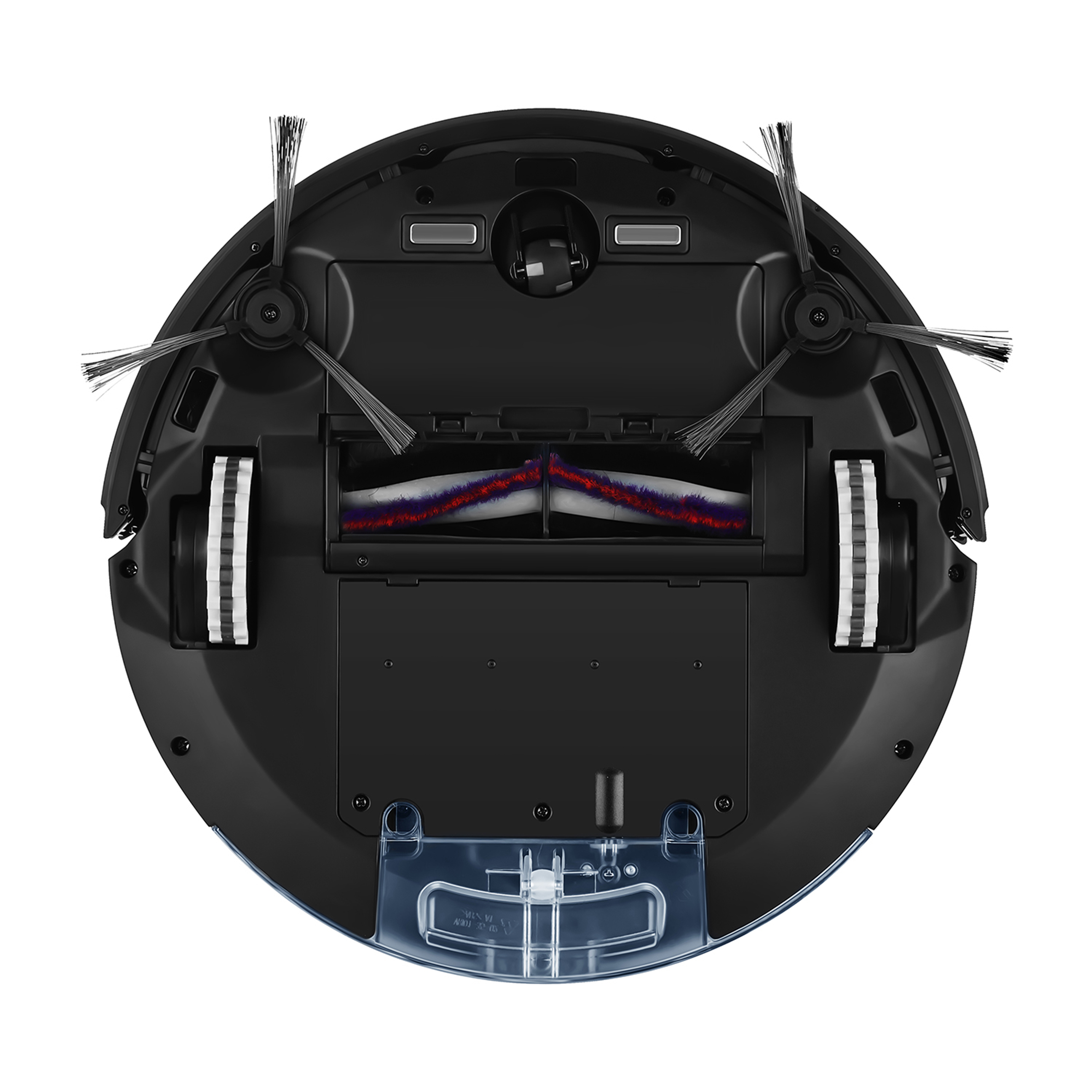 Aspirateur robot, montrant le dessous avec brosses et composants.