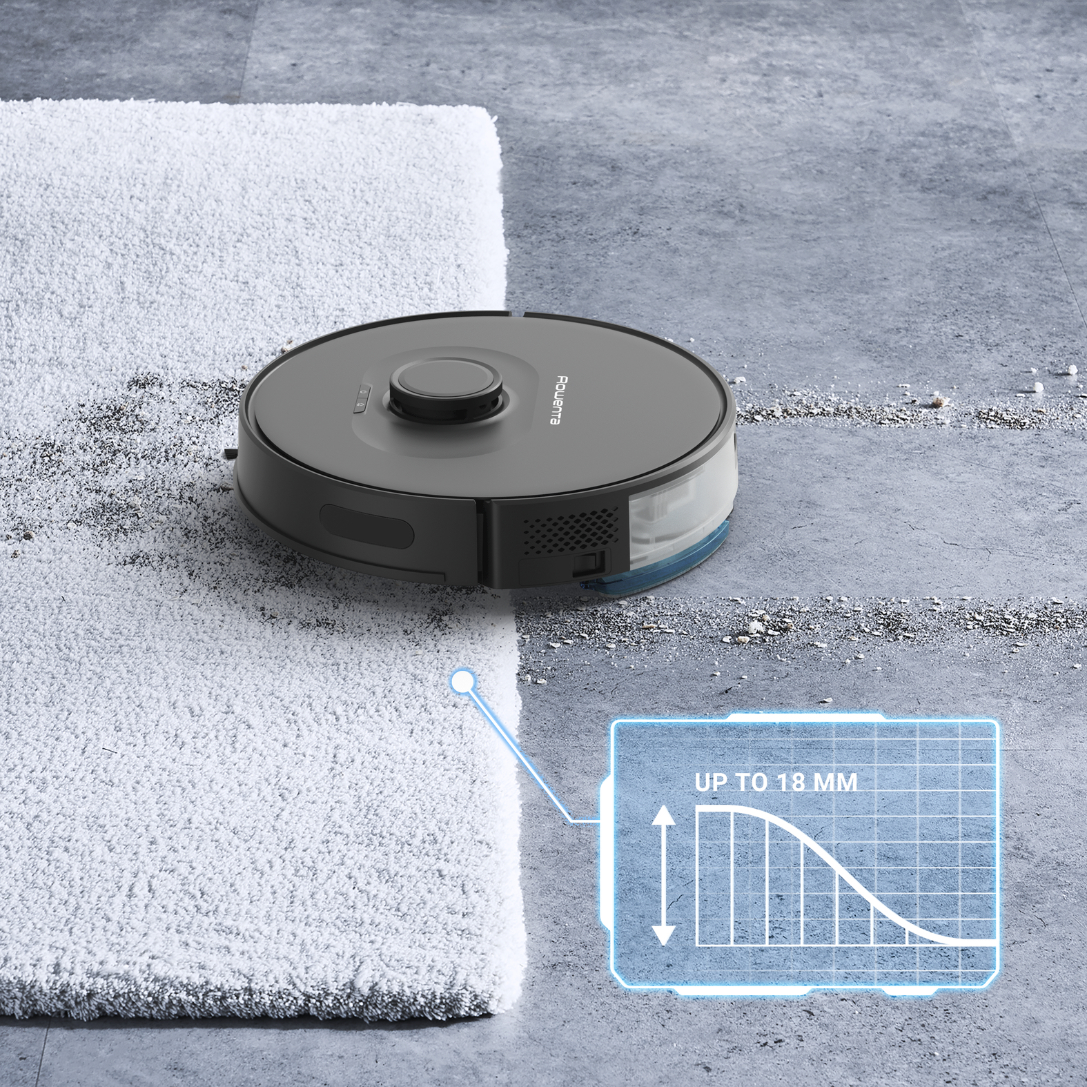 Roboter-Staubsauger reinigt einen Raum. Er steht auf einem grauen Boden neben einem weißen Teppich. Ein Diagramm wird angezeigt.