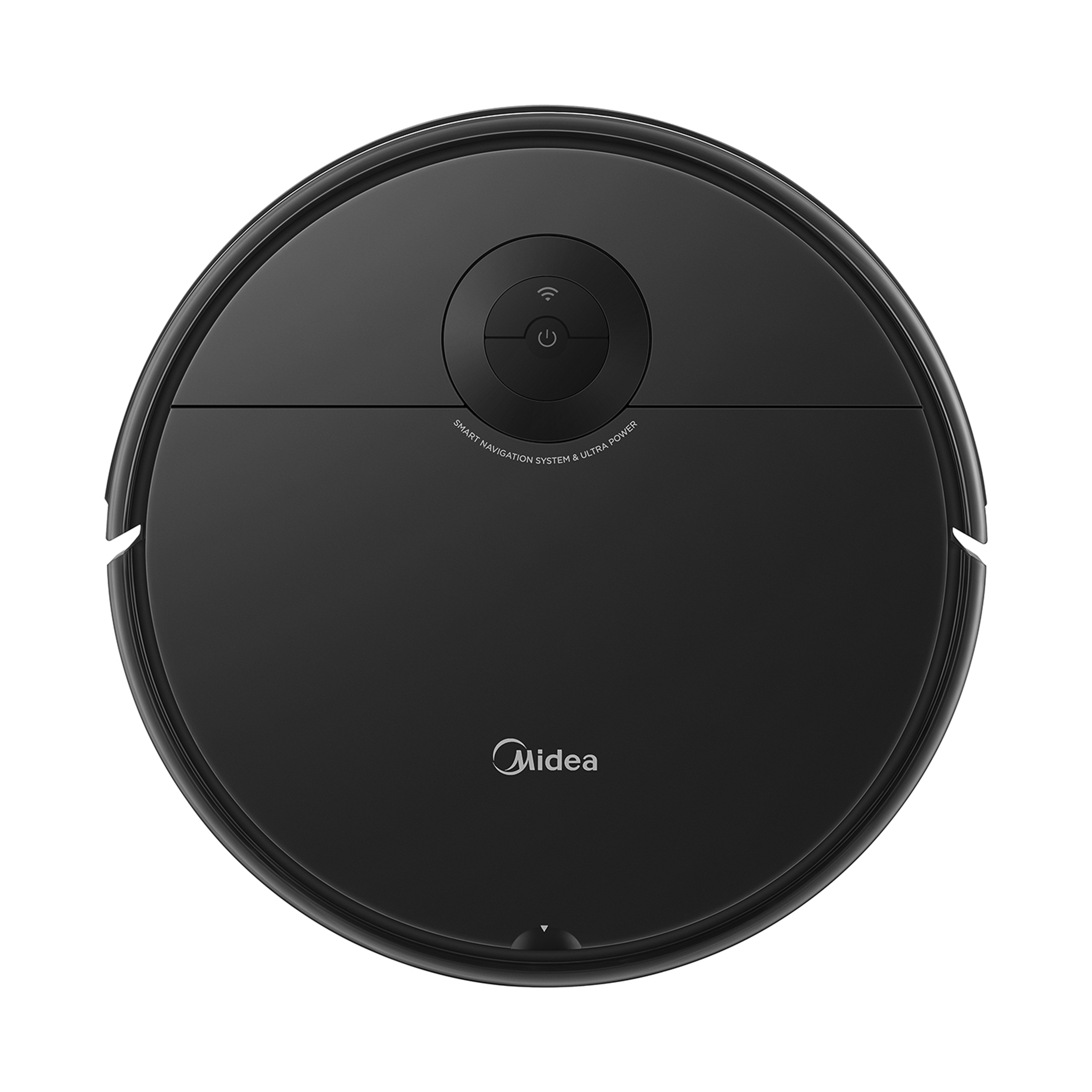 Vue de dessus d'un aspirateur robot Midea noir. Il a un bouton, et le nom de la marque est visible.