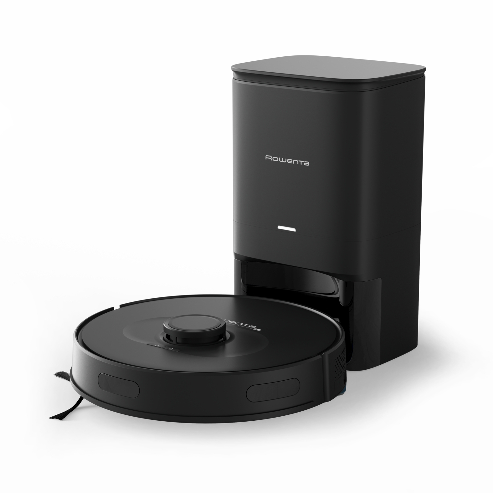 Schwarzer Staubsauger mit Ladestation. Der Staubsauger steht auf dem Boden.