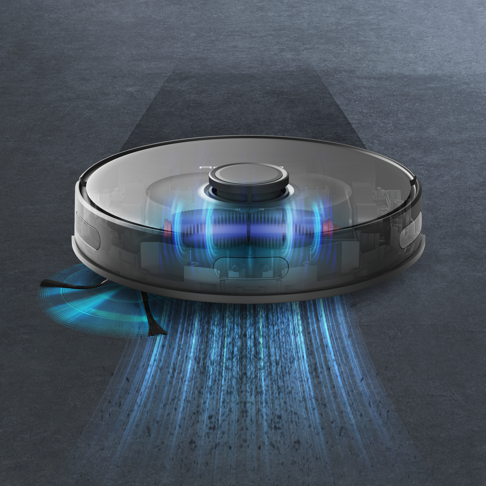 Ein transparenter Roboter-Staubsauger mit blauem Lichteffekt, mit Bürste, auf grauem Boden.
