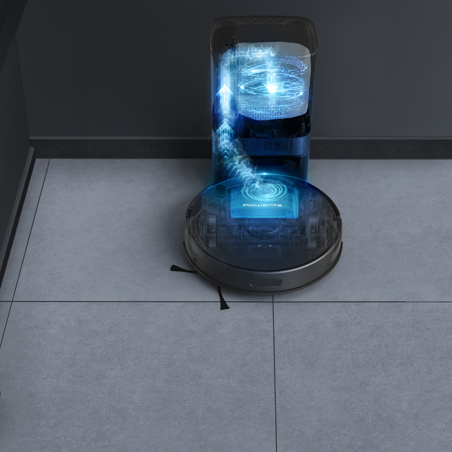 Roboter-Staubsauger in seiner Ladestation mit blauen Lichteffekten angedockt.