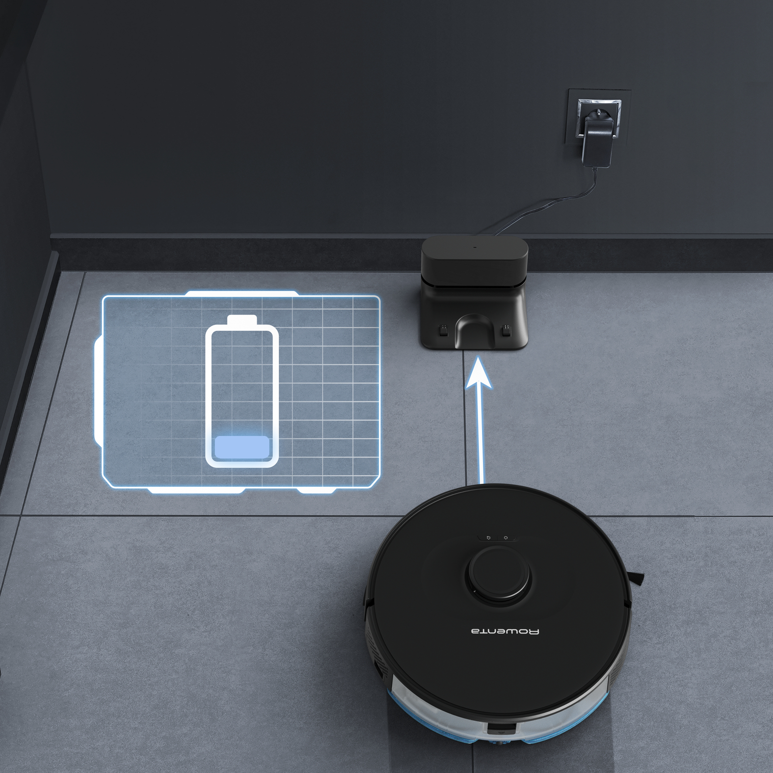 Roboter-Staubsauger lädt auf Dockingstation, Batterie-Symbol wird angezeigt.