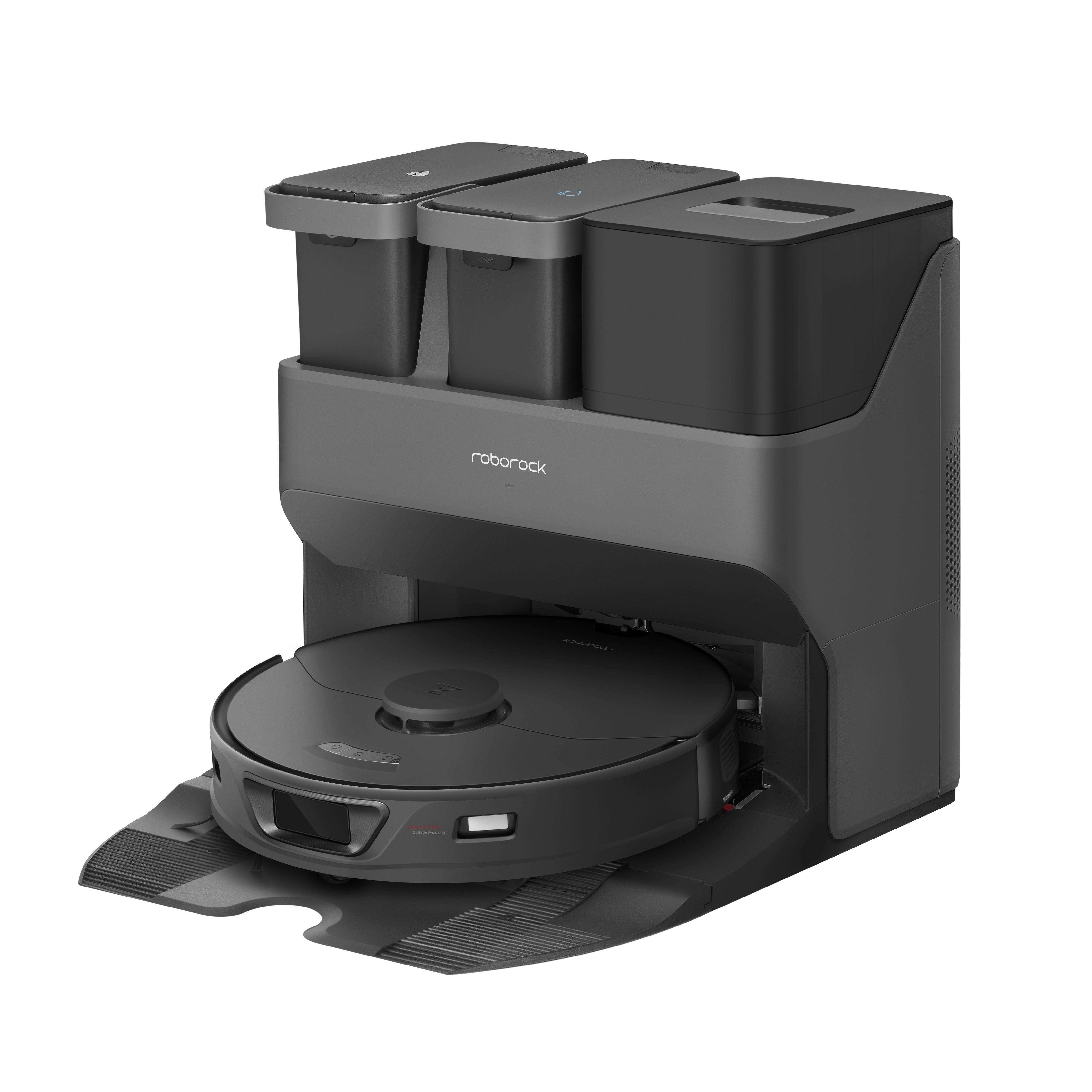 Odkurzacz robot i stacja ładująca. Czarny i szary. Napisano 'Roborock'. Widok z góry.