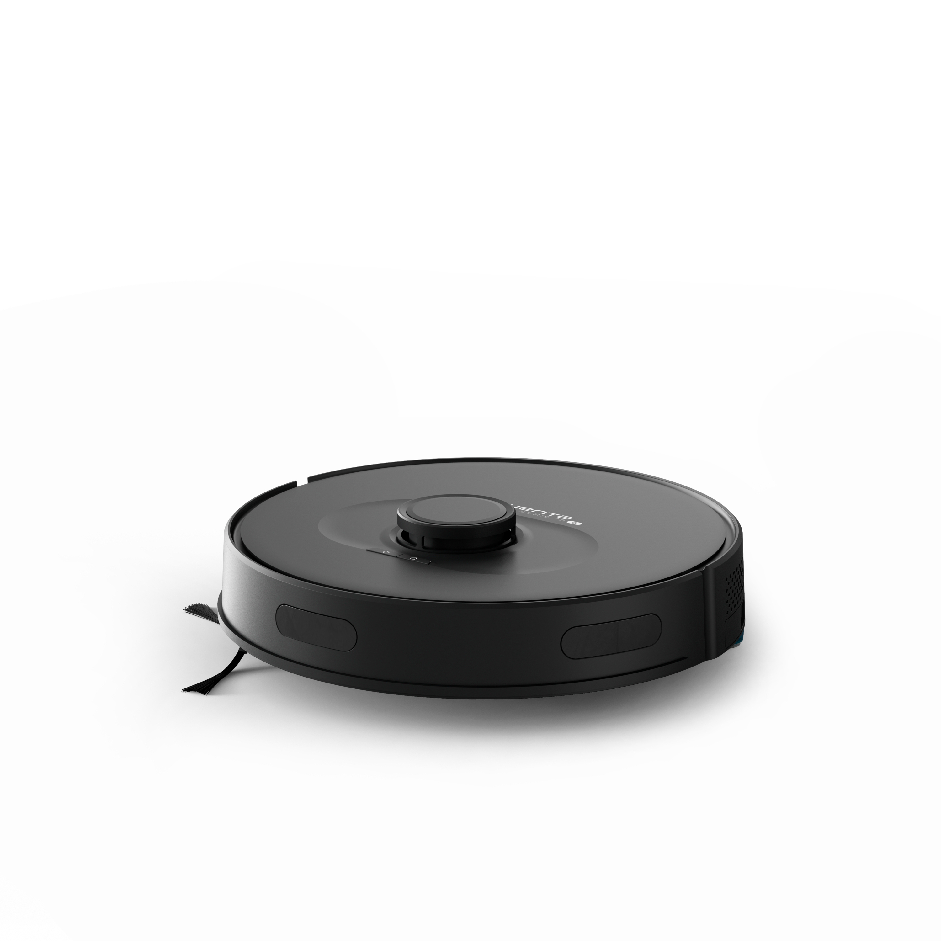 Aspiradora robot negra aislada sobre fondo blanco.