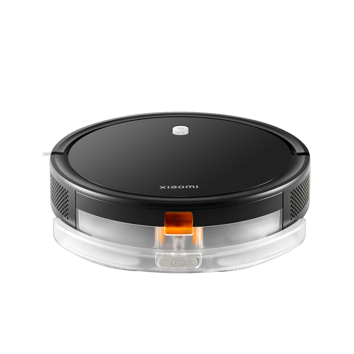 Czarno-biały robot sprzątający. Widoczna marka Xiaomi. Okrągły design z białą podstawą.
